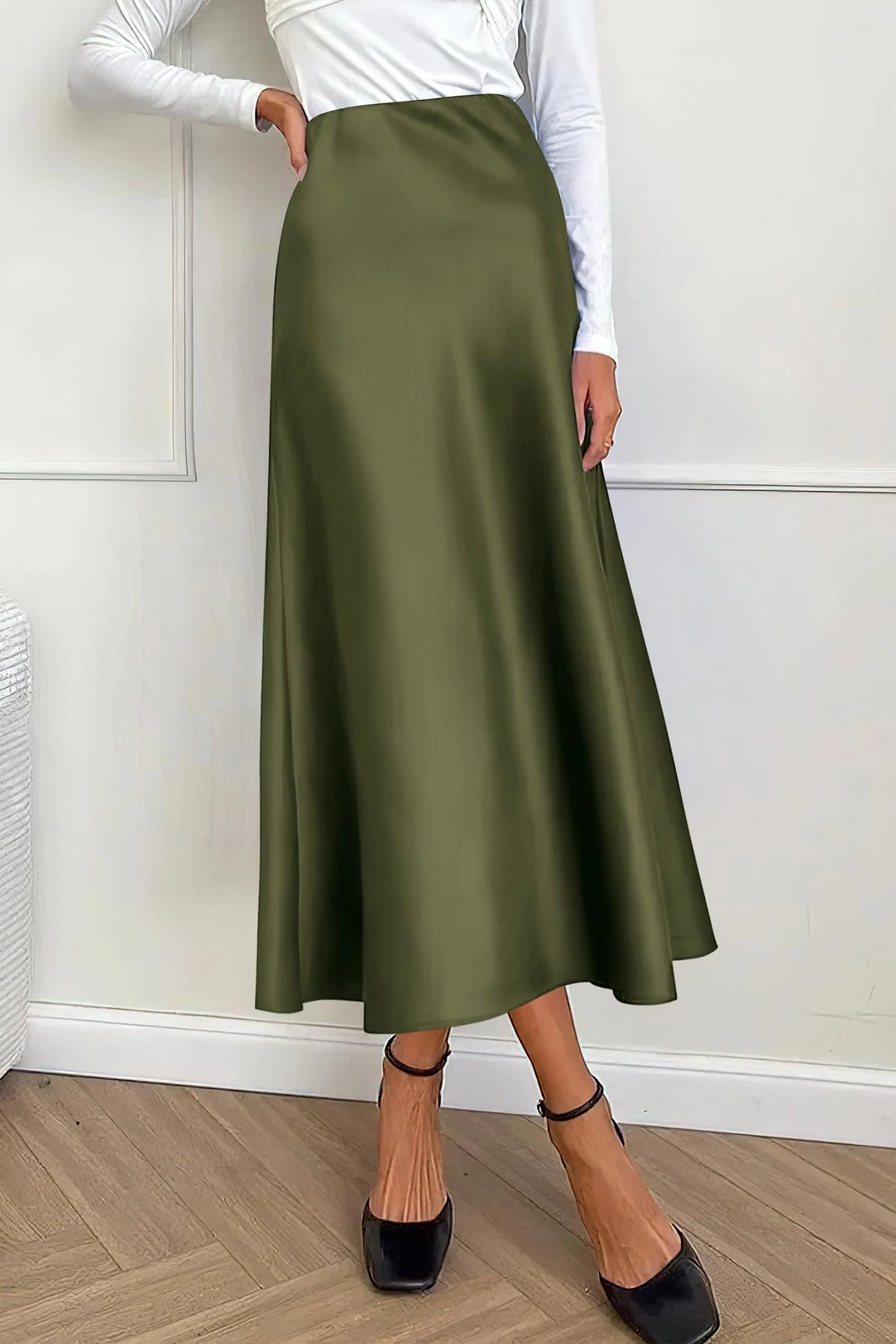 Women's Satin Skirts Dressy Casual Fall High Waisted Cocktail Wedding Flowy Elegant A Line Midi Skirt