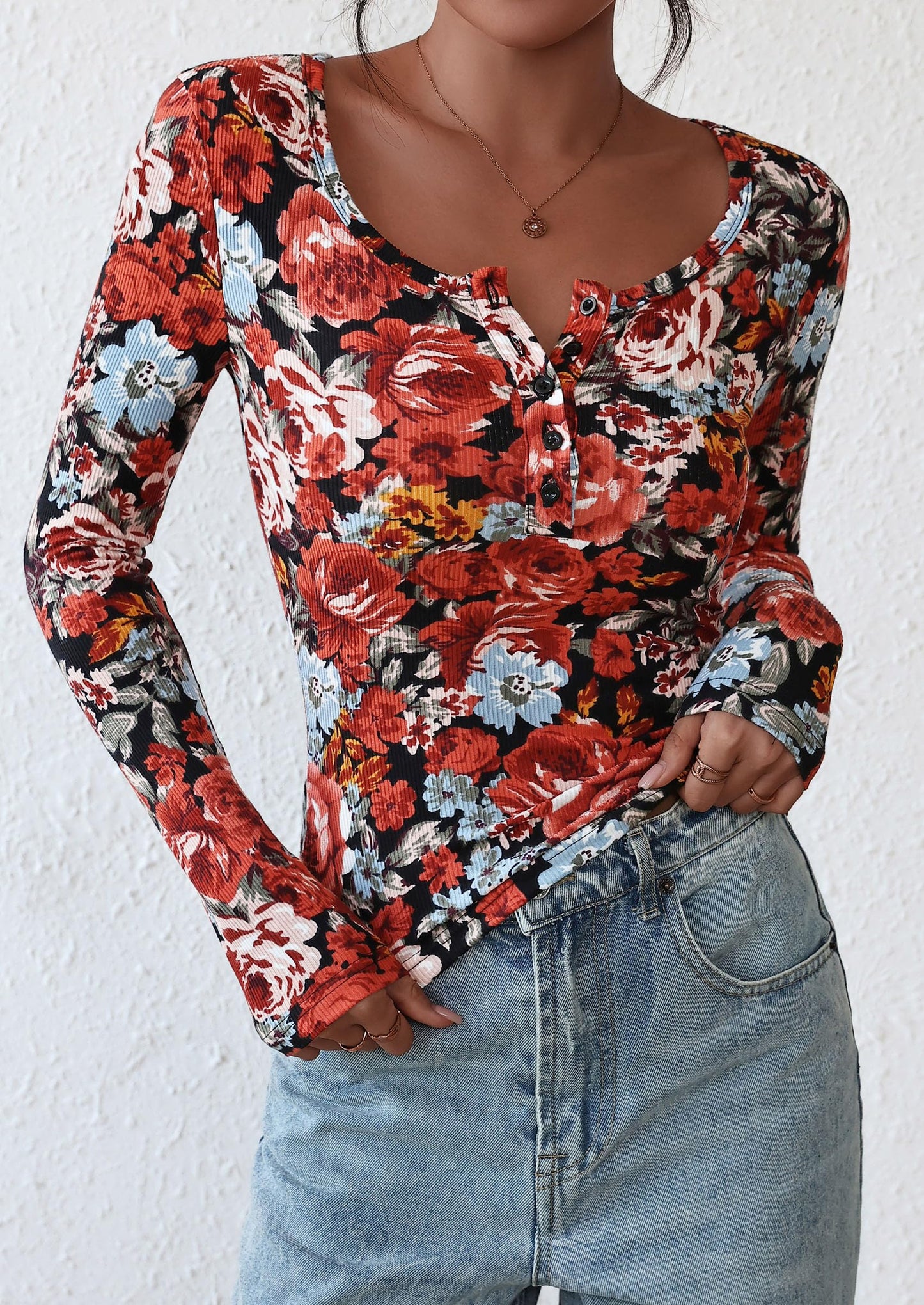 Women's Fall Long Sleeve Henley T Shirts Button Ribbed Knit Slim Fit Basic Tops Blouse Casual Outfits