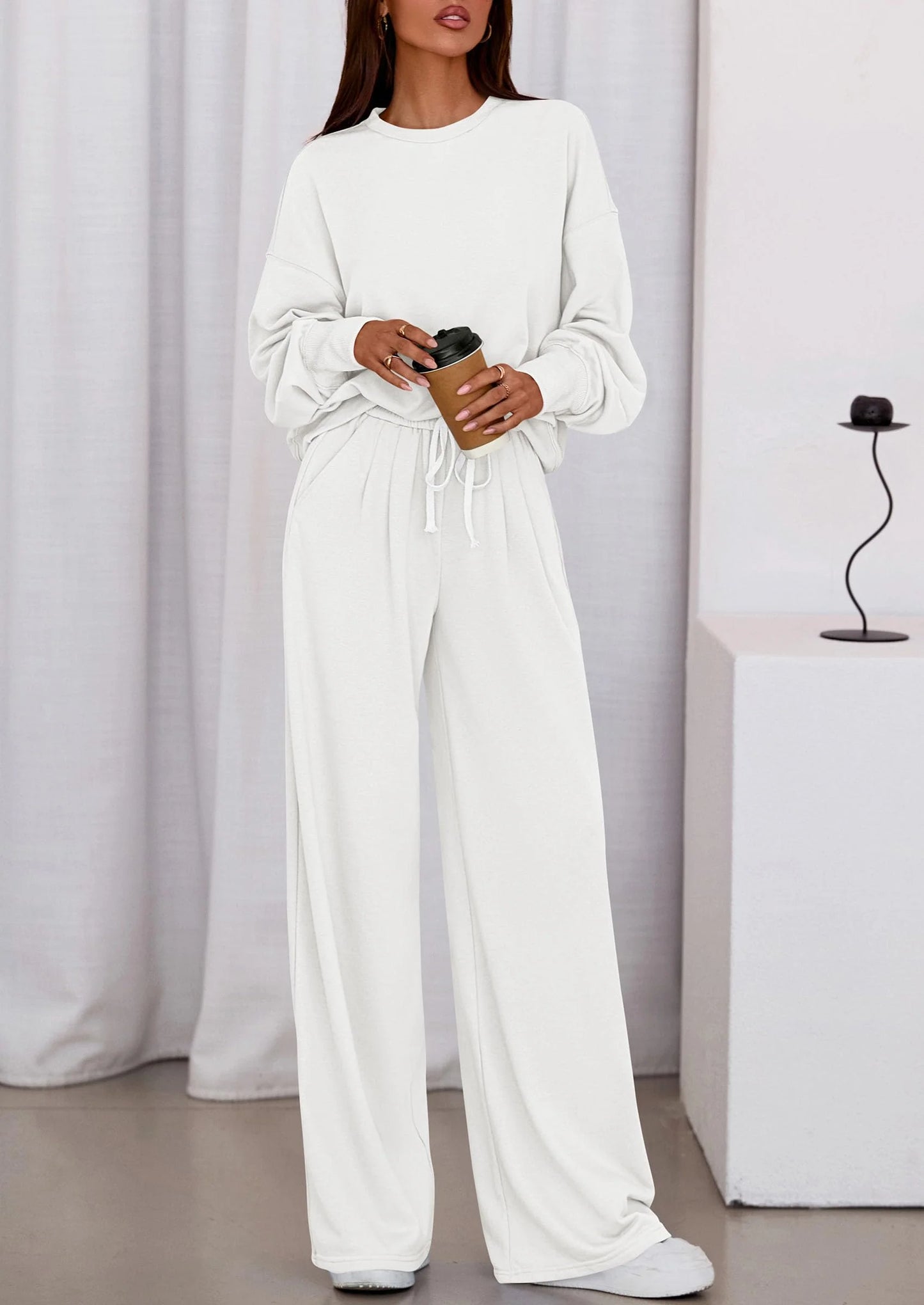 Womens 2 Piece Sets Long Sleeve Sweatshirt Wide Leg Pants Loose Matching Lounge Set Trendy Fall Outfits