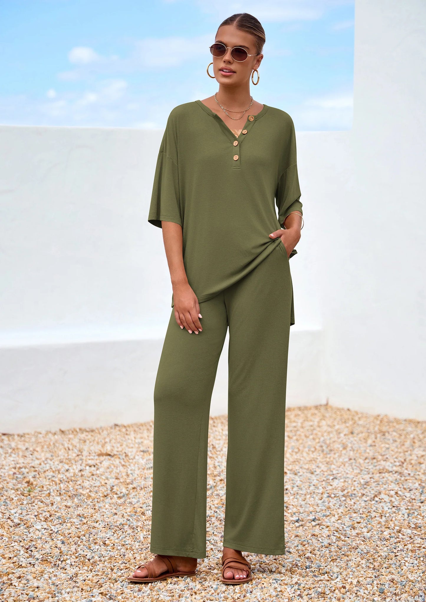 Women's 2 Piece Outfits Summer Casual V Neck Short Sleeve Tops Wide Leg Pants Matching Lounge Sets