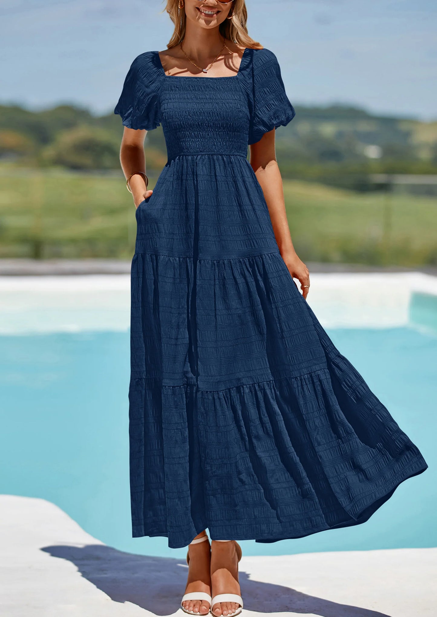 Womens Summer Puff Short Sleeve Maxi Dress Square Neck Smocked Tiered Ruffle A Line Long Flowy Beach Dresses