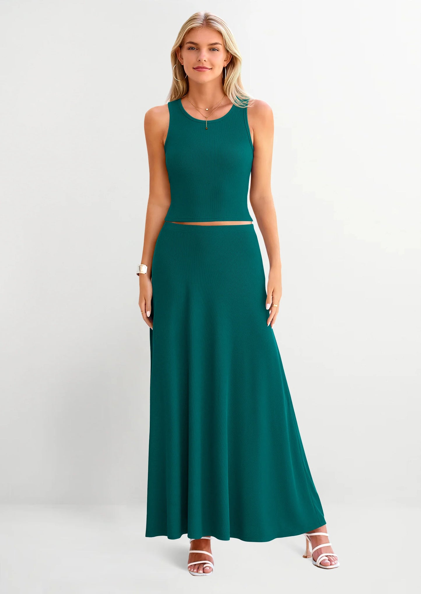 2 Piece Maxi Skirt Sets Casual Knit Cropped Tank Top High Waisted Long Skirts Outfit
