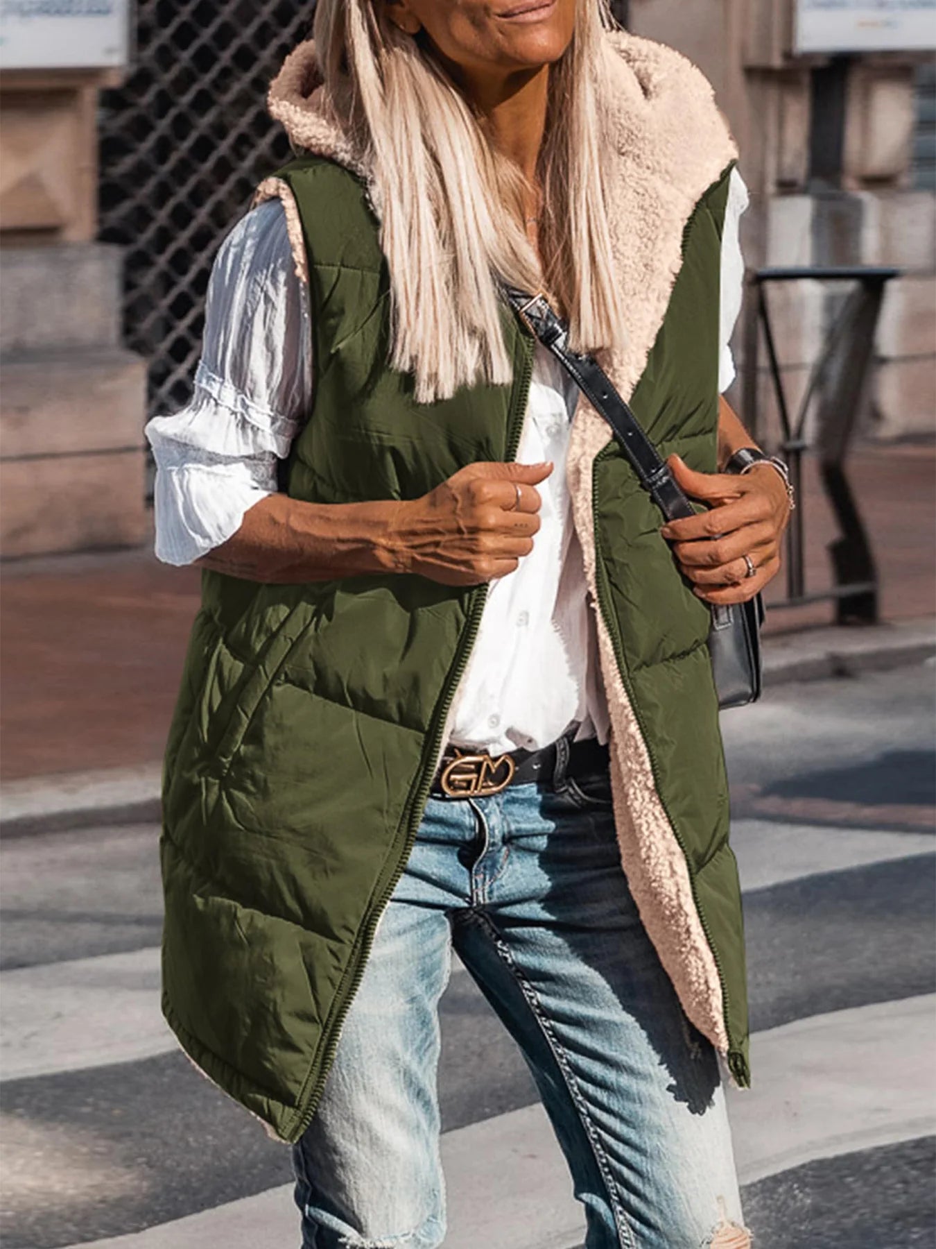 Womens Fall Reversible Vests Sleeveless Fleece Jacket Zip Up Hoodie Pockets Long Warm Winter Coat Outerwear