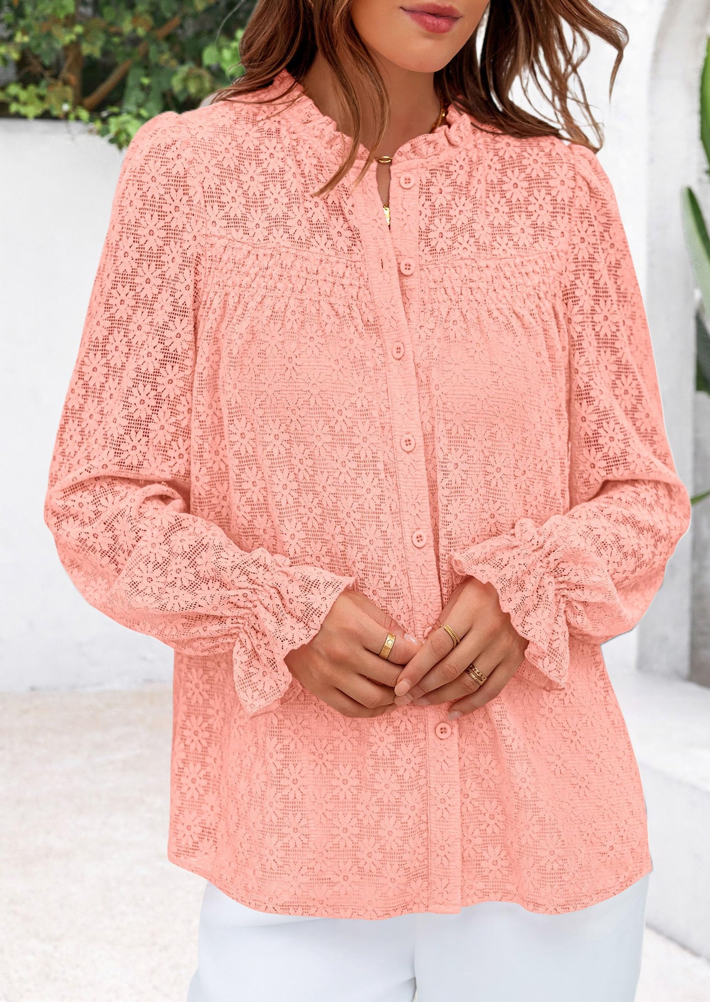 Lace Long Sleeve Tops for Women Eyelet Blouses Dressy Casual Hollow Out Button Down Shirts Summer Outfits