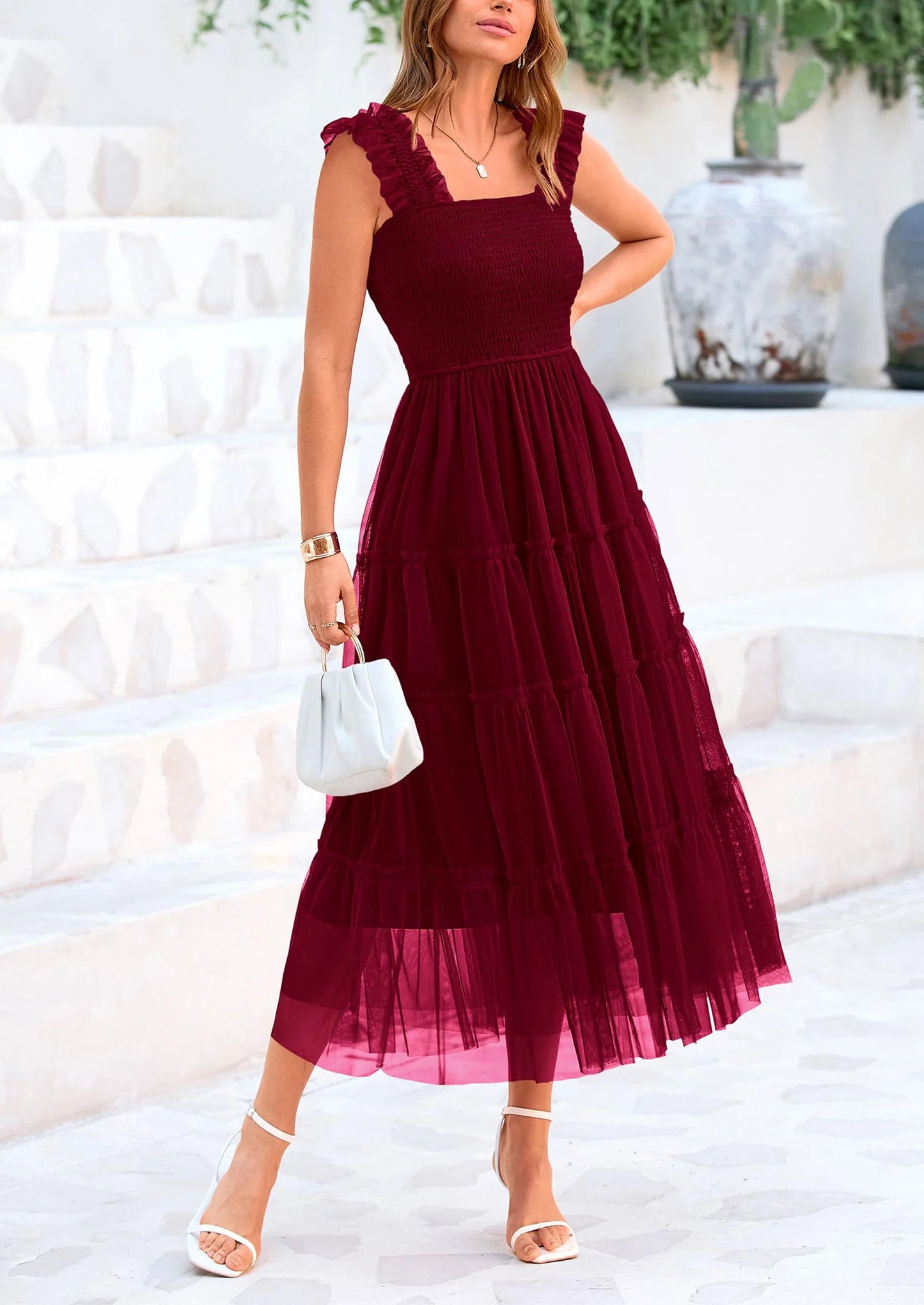Women's Tulle Midi Dress Sleeveless Smocked Ruffle Mesh Flowy Dresses Party Wedding Guest Sundress