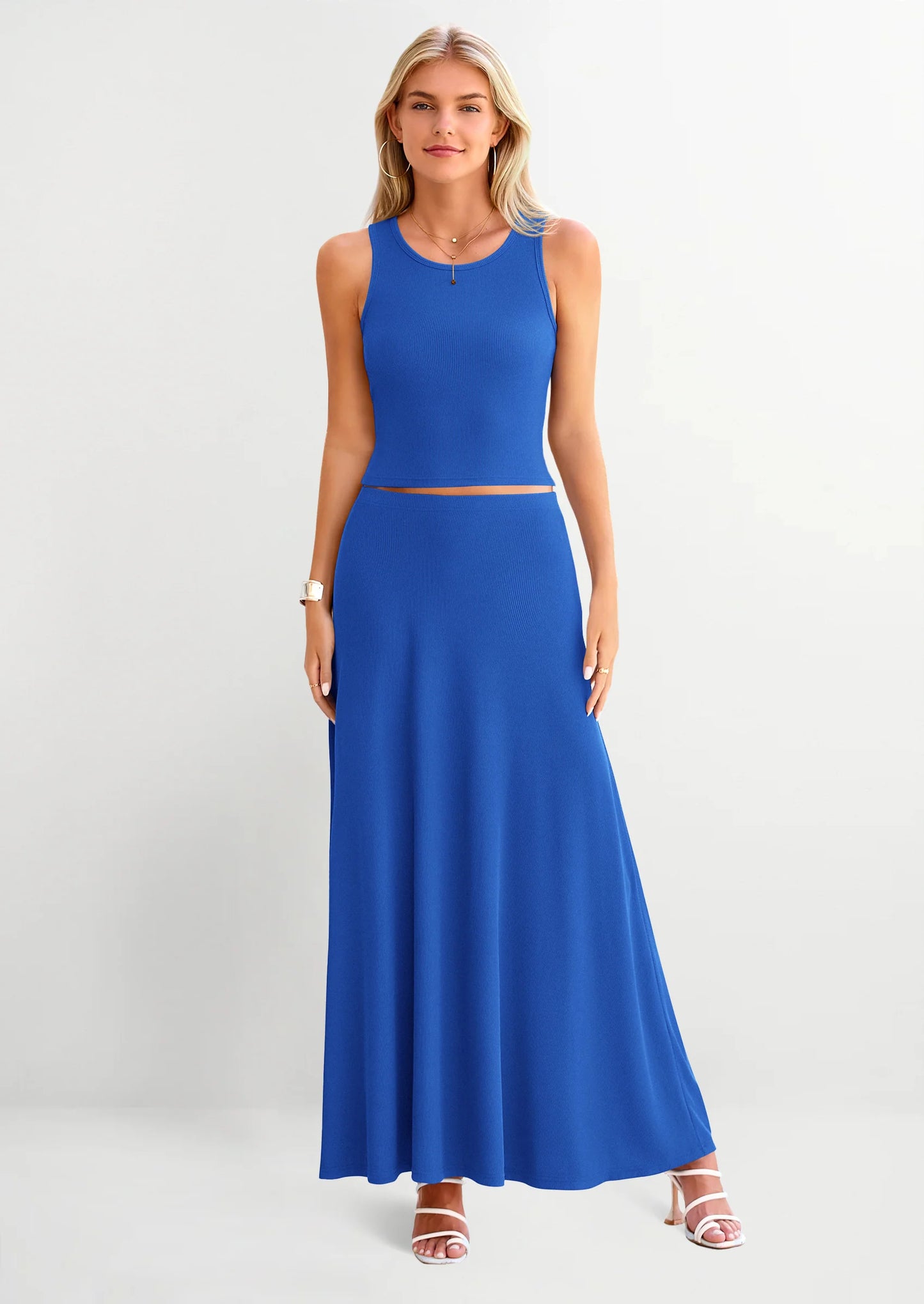 2 Piece Maxi Skirt Sets Casual Knit Cropped Tank Top High Waisted Long Skirts Outfit