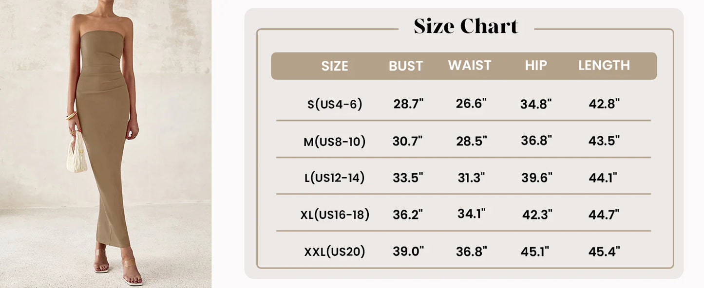 Women's Semi Formal Cocktail Dresses Strapless Tube Bodycon Ruched Evening Wedding Guest Maxi Dress