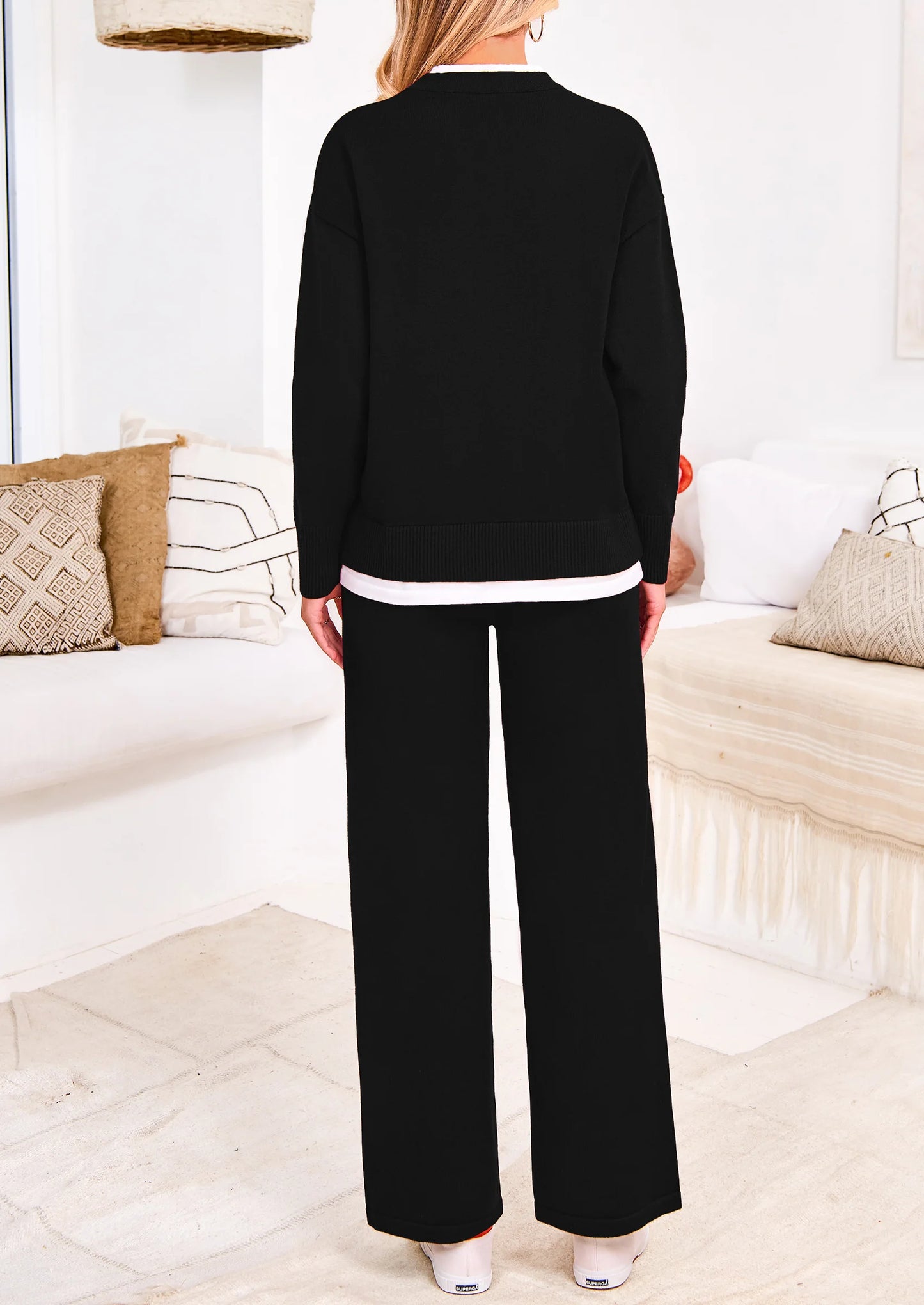 Two Piece Matching Sweater Lounge Sets Knit Long Sleeve Pullover Tops Wide Leg Pants