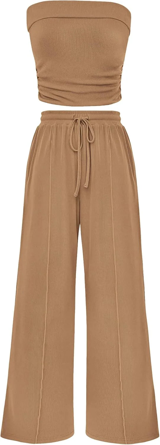 2 Piece Sets Casual Ribbed Knit Crop Tube Top Wide Leg Pants Lounge Set