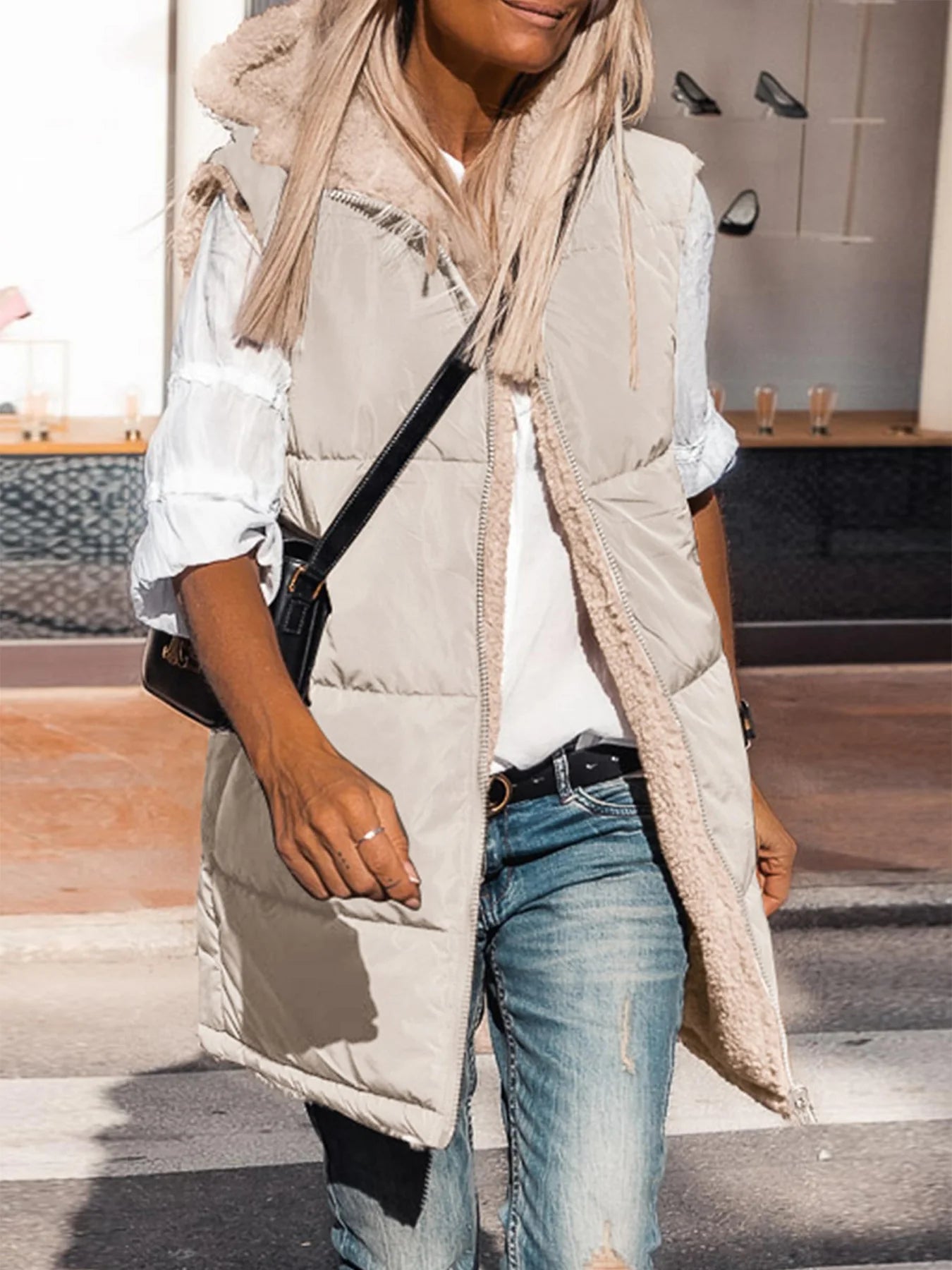 Womens Fall Reversible Vests Sleeveless Fleece Jacket Zip Up Hoodie Pockets Long Warm Winter Coat Outerwear