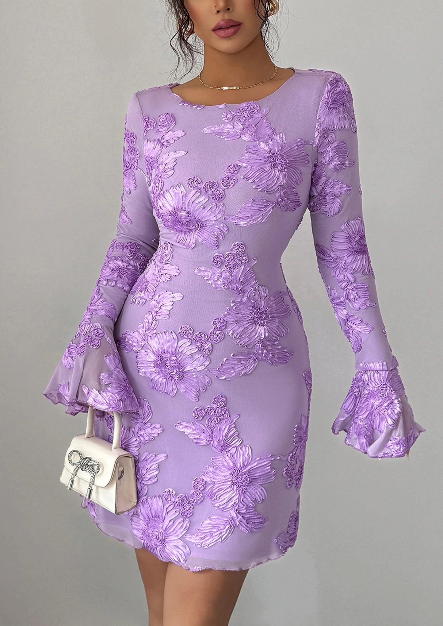 Women's Floral Embroidered Dress Fall Long Bell Sleeve Ribbon Flower Mini Short Mesh Bodycon Party Dresses