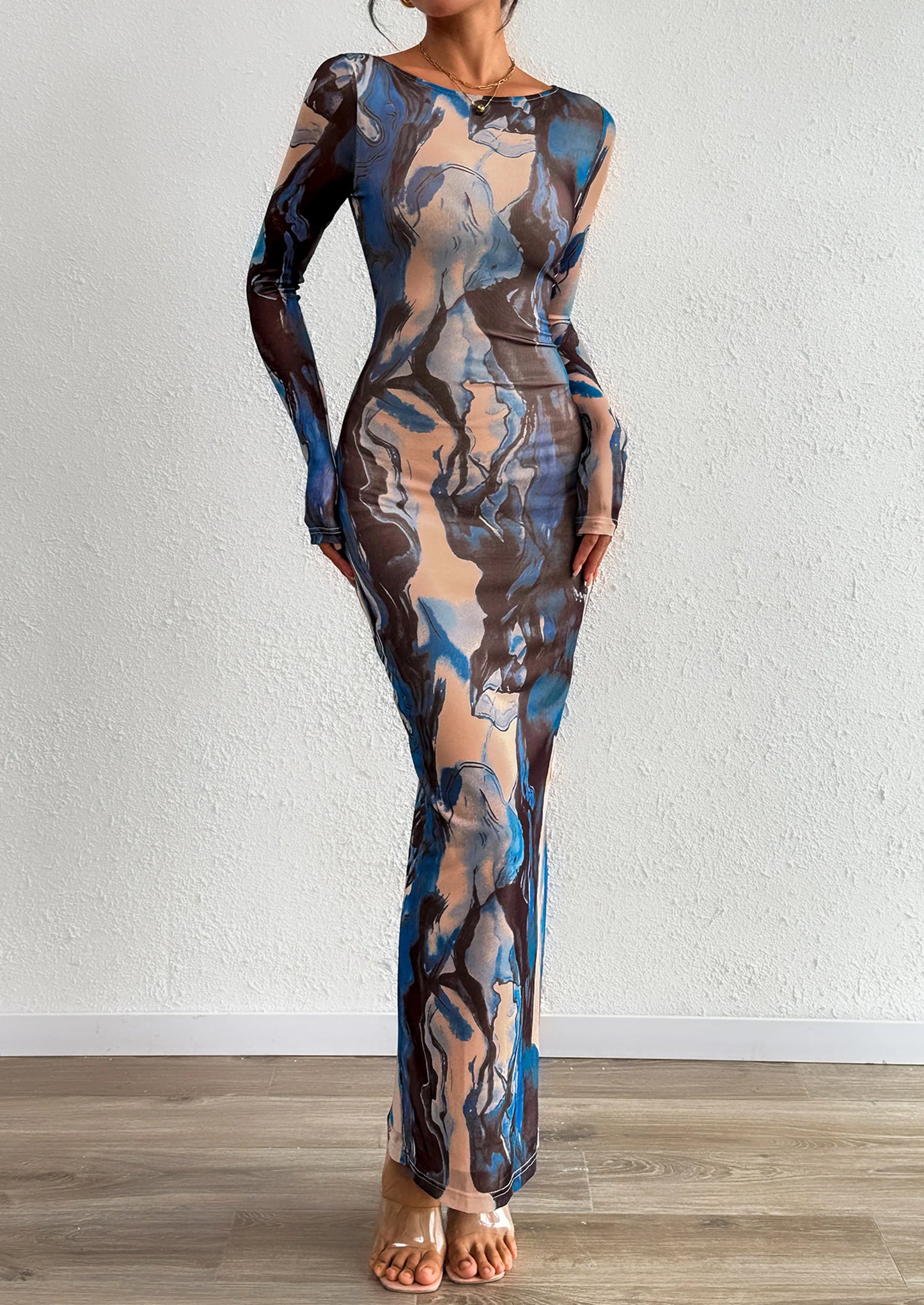 Bodycon Maxi Dress Fall Floral Long Sleeve Sexy Mesh Cocktail Wedding Guest Long Dresses