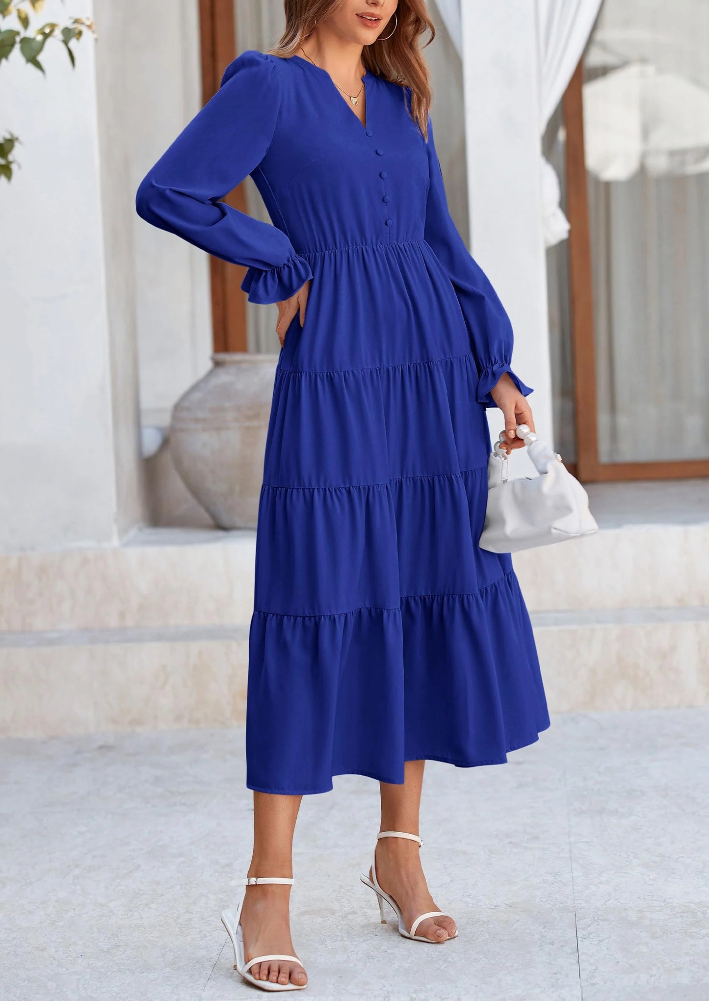 Women Fall Long Sleeve Smocked Maxi Dress Casual Square Neck Swiss Dot Tiered Ruffle Flowy Spring Pocket Dresses