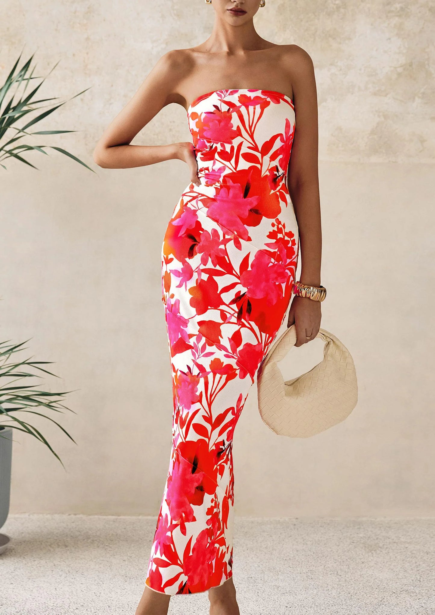 Women's Floral Bodycon Maxi Dresses Ribbed Strapless Tube Casual Boho Party Long Dress