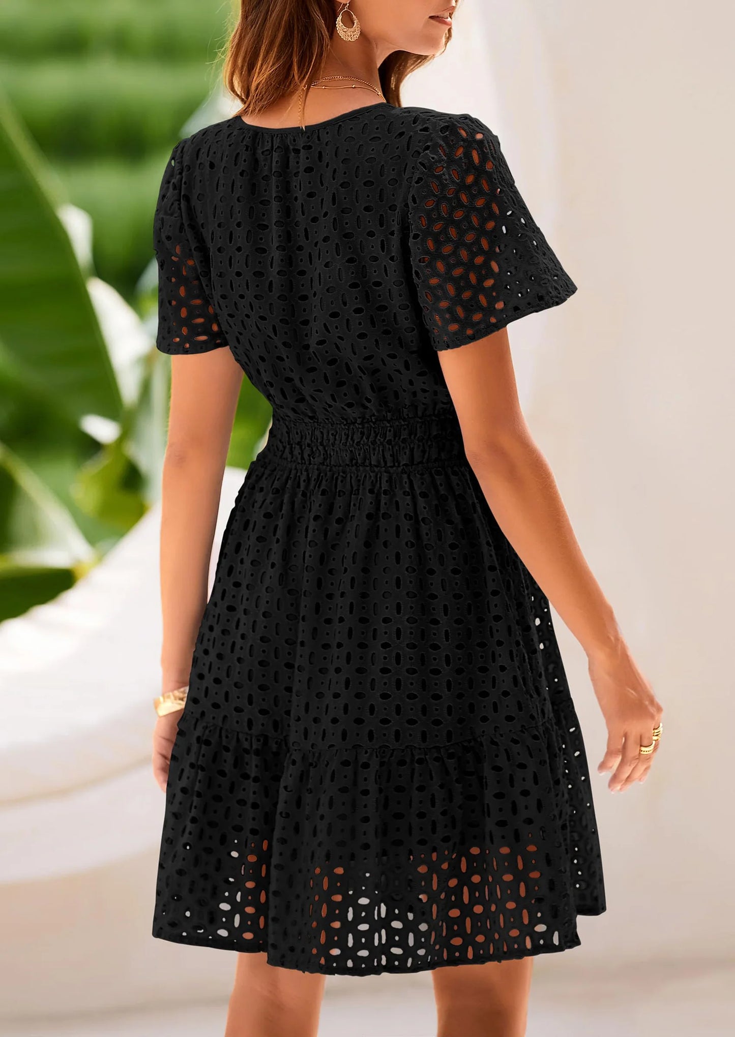 Women Summer Short Dress V Neck Short Sleeve A Line Hollow Out Lace Ruffle Cute Casual Beach Party Dresses