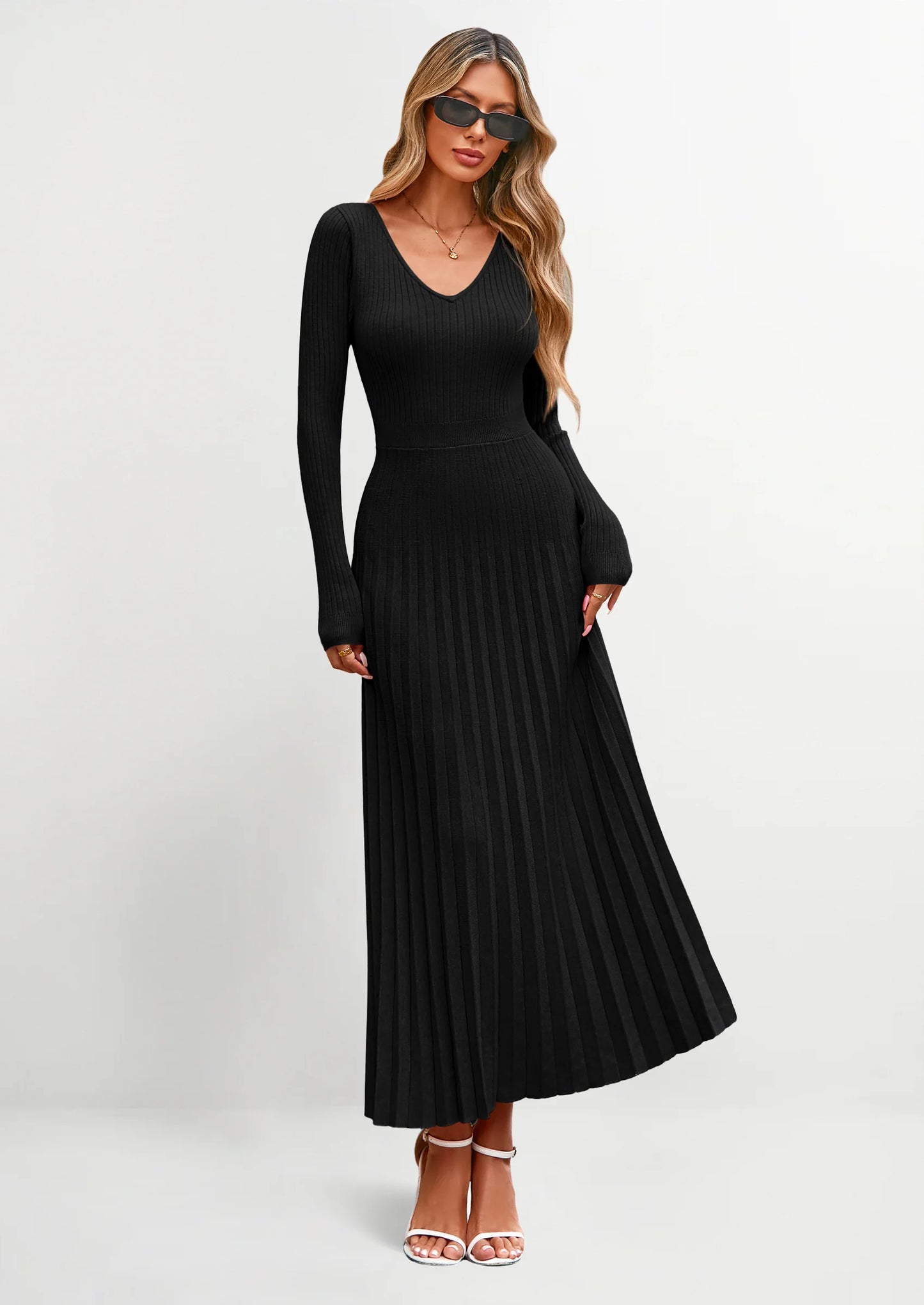 Women Sweater Dress Fall Fashion Long Sleeve V Neck Ribbed Knit Pleated A Line Elegant Maxi Winter Dresses