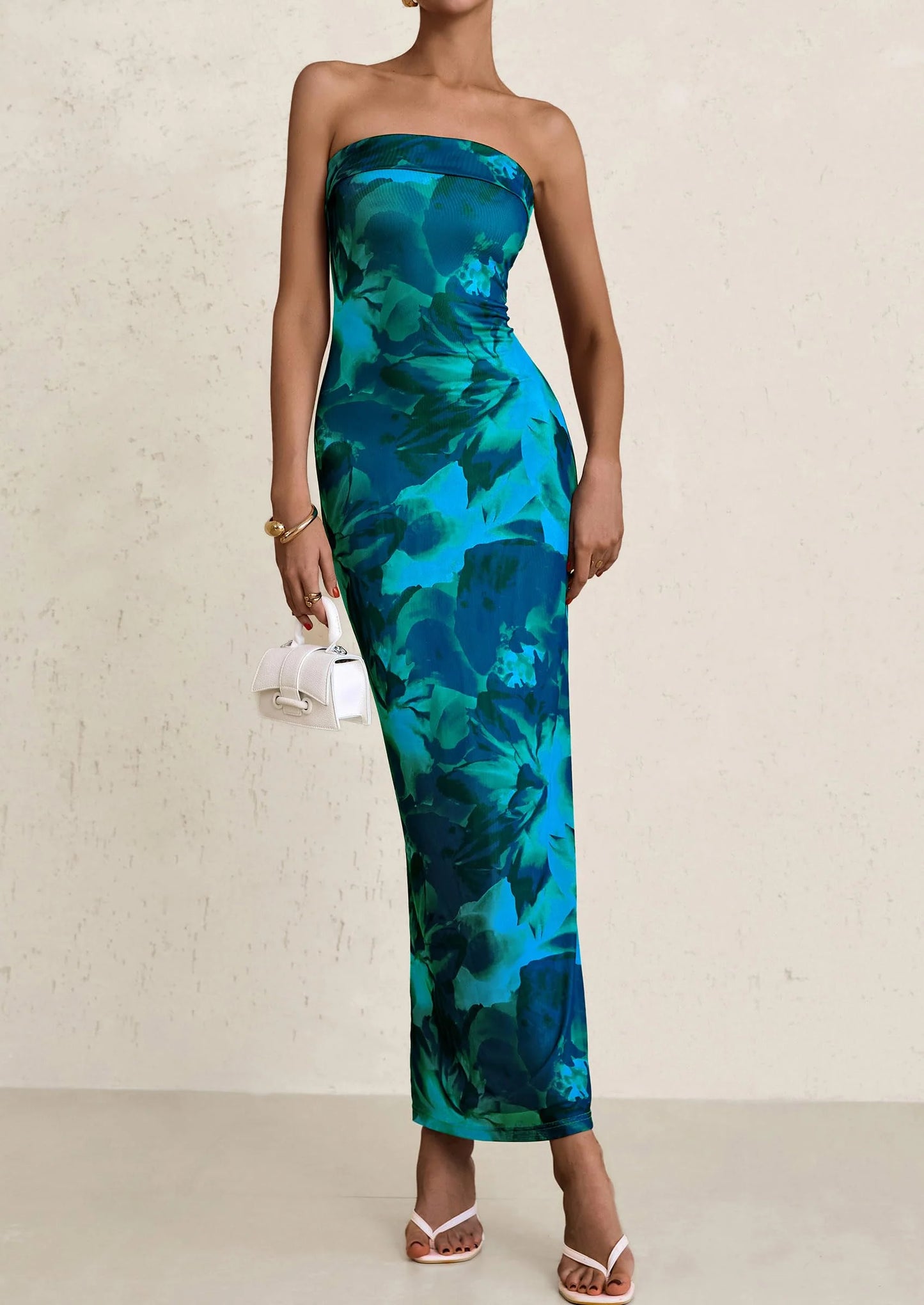 Womens Printed Tube Maxi Dress Strapless Bodycon Sleeveless Night Out Long Dresses