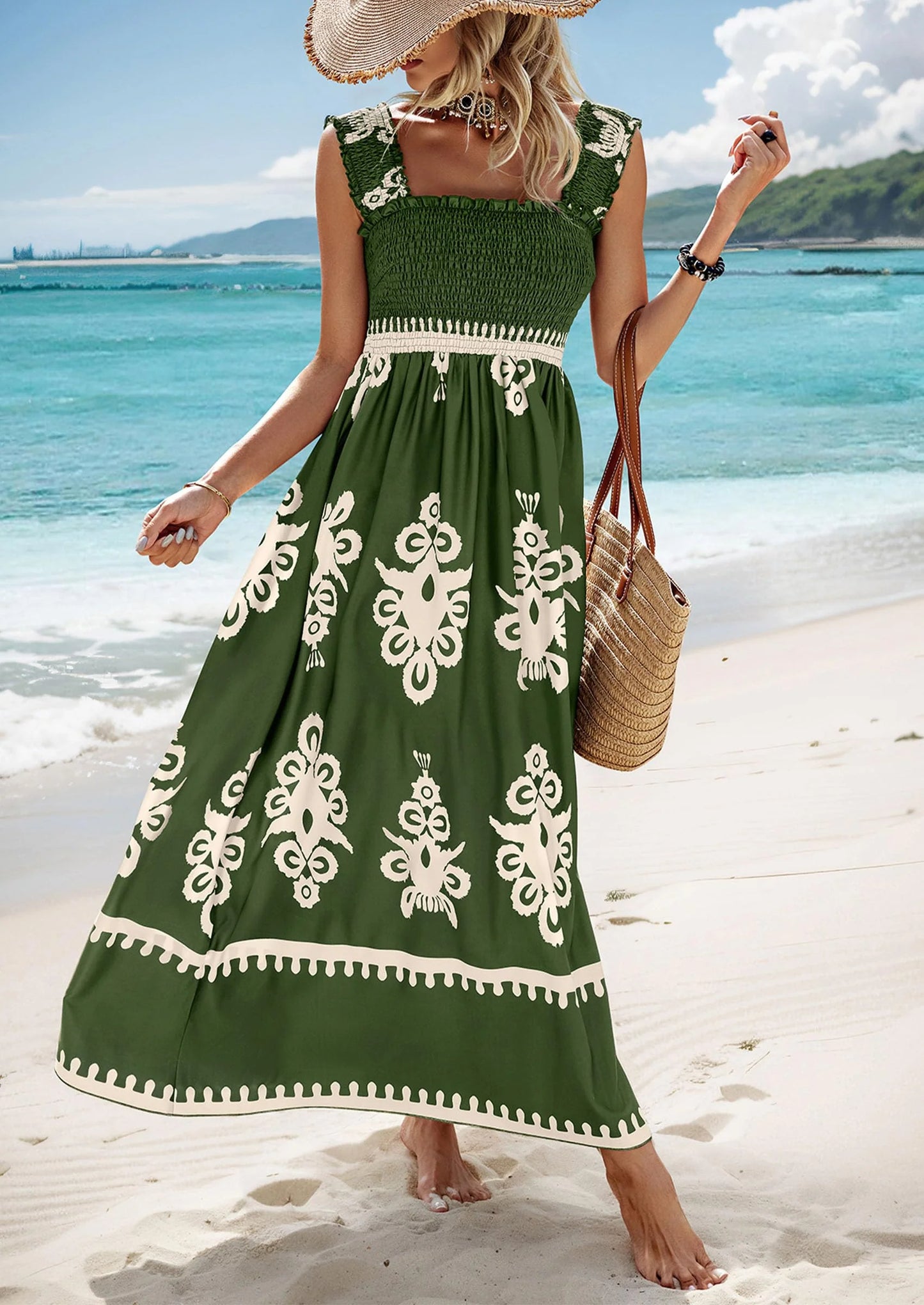 Womens Summer Boho Maxi Dress Casual Sleeveless Square Neck Floral Aline Smocked Beach Dresses with Pockets
