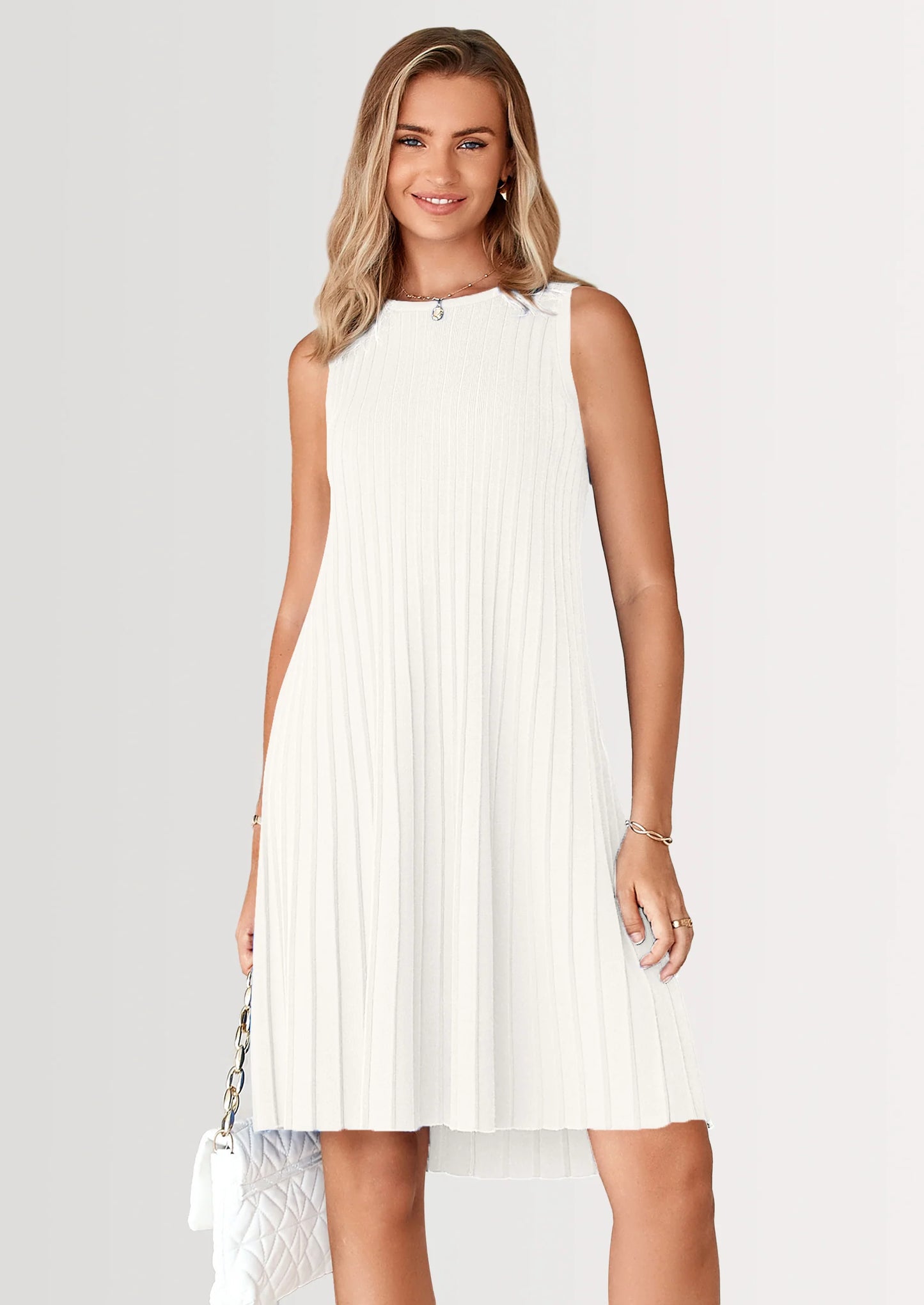 Womens Summer Sleeveless Mini Dress Crewneck Loose Tank A Line Pleated Swing Flowy Party Dresses