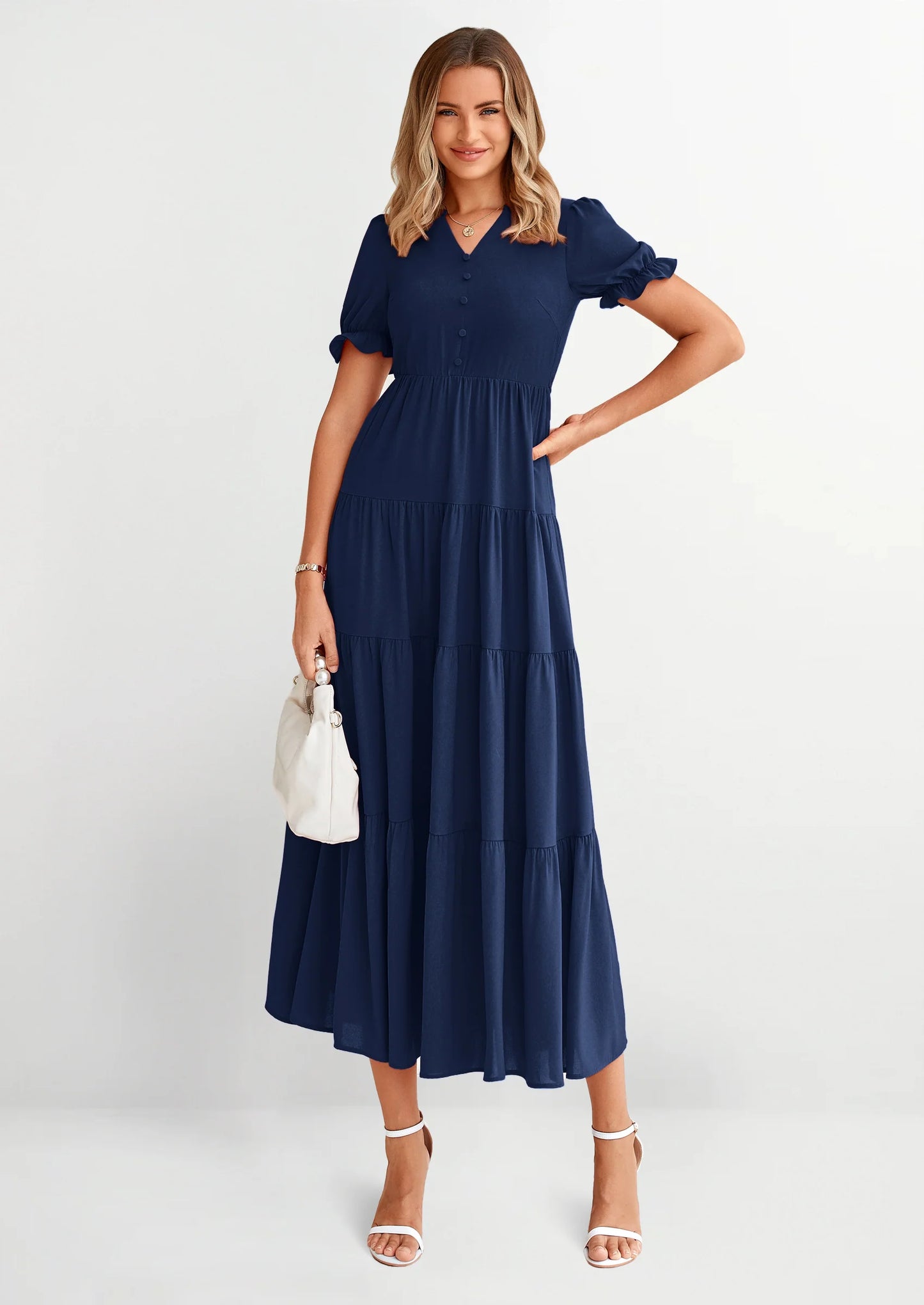 Women's Casual Short Sleeve V Neck Midi Dresses Spring A-line Tiered Wedding Guest Dress
