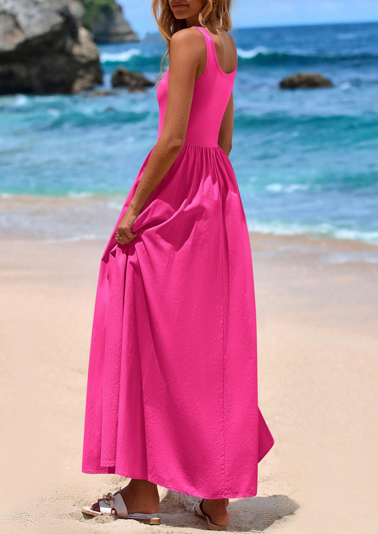 Womens Summer Casual Scoop Neck Sleeveless Long Dresses Tank Top Patchwork Aline Swing Maxi Dress with Pockets