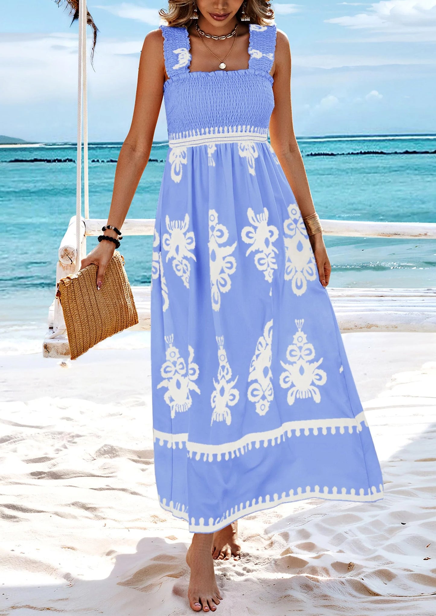Womens Summer Boho Maxi Dress Casual Sleeveless Square Neck Floral Aline Smocked Beach Dresses with Pockets