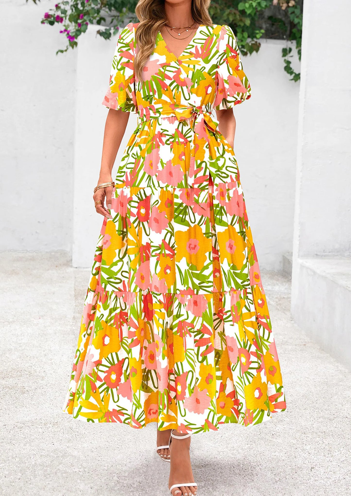 Women's Maxi Dress Resort Wear Boho Floral V Neck Puff Short Sleeve Ruffle Flowy Beach Long Dresses
