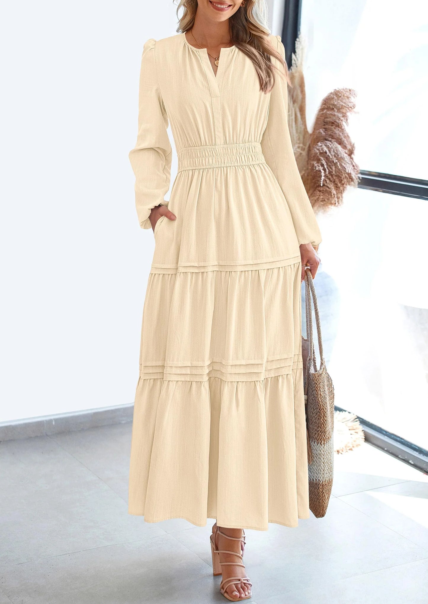 Women's Elegant Maxi Dresses Long Sleeve V Neck Flowy Pockets Casual Modest Dress Fall Fashion Clothes