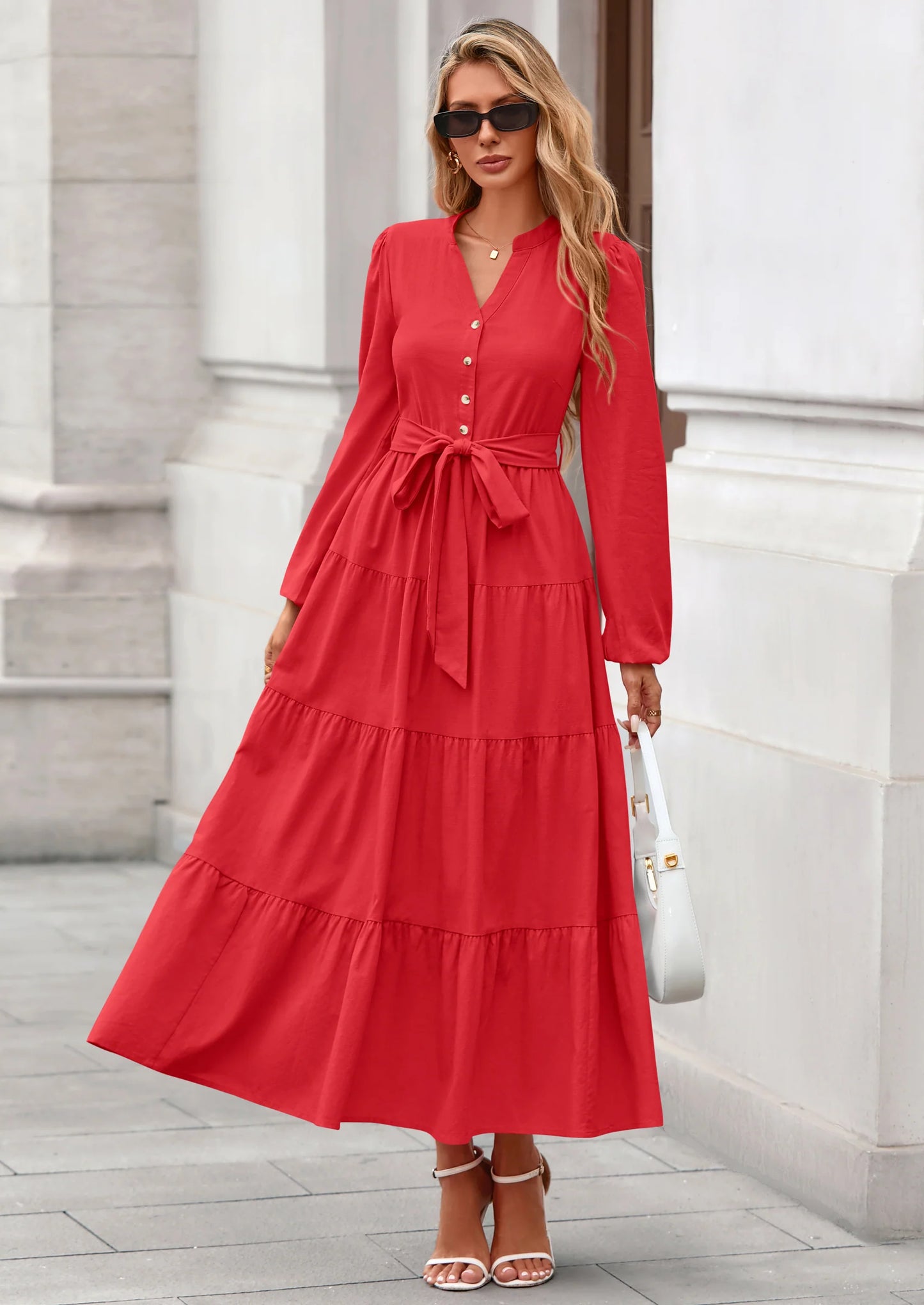 Fall Dresses for Women Long Sleeve V Neck Belted Ruffle A Line Flowy Boho Maxi Wedding Guest Dress Pockets