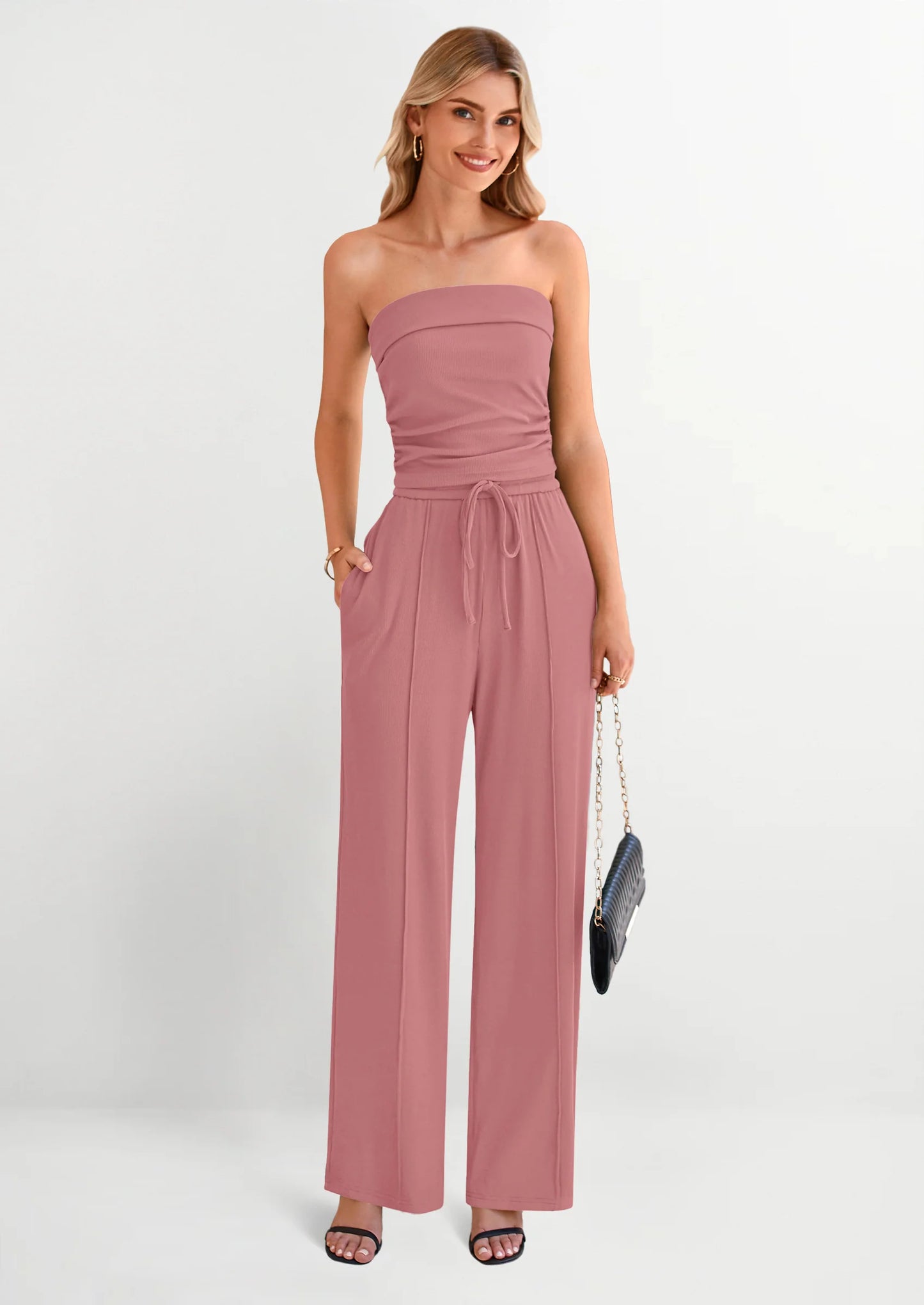 2 Piece Sets Casual Ribbed Knit Crop Tube Top Wide Leg Pants Lounge Set