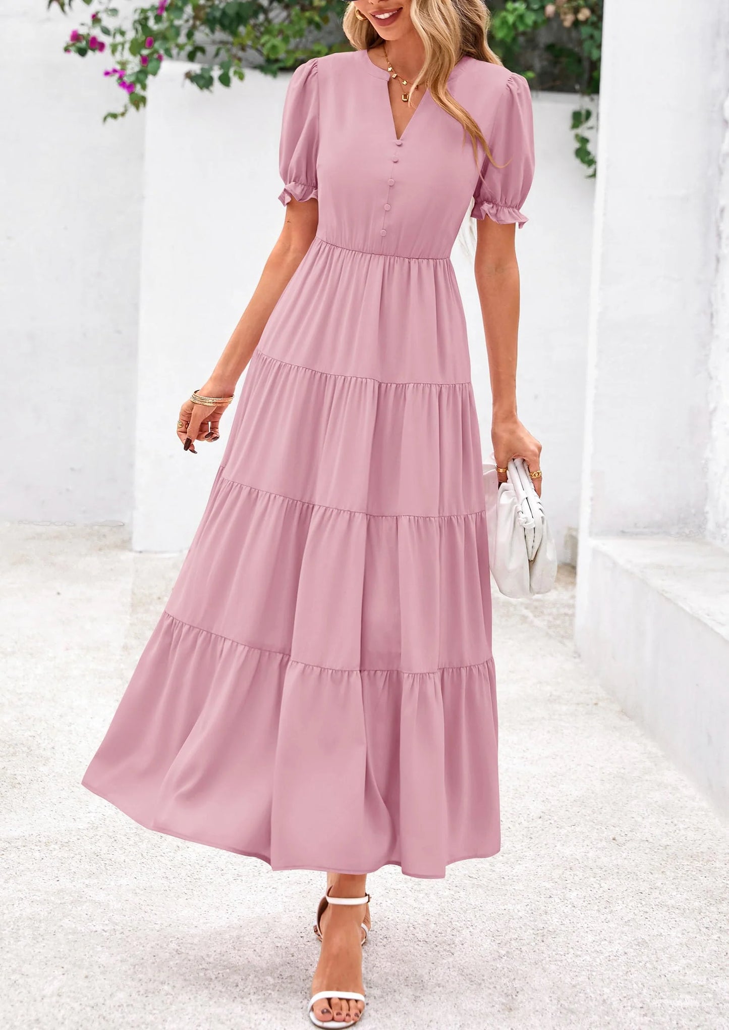 Women's Casual Short Sleeve V Neck Midi Dresses Spring A-line Tiered Wedding Guest Dress