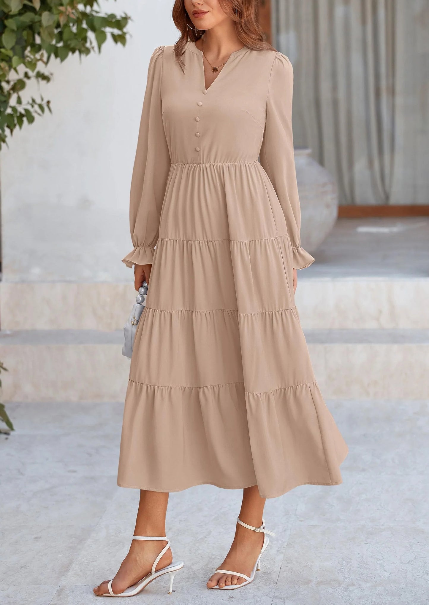 Women Fall Long Sleeve Smocked Maxi Dress Casual Square Neck Swiss Dot Tiered Ruffle Flowy Spring Pocket Dresses