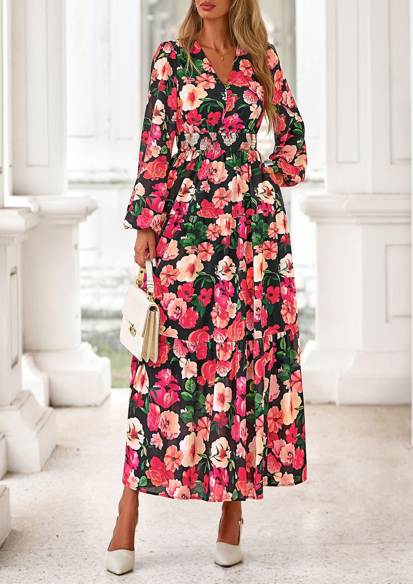 Long Sleeve Maxi Fall Dresses for Women Vneck Smocked Boho Floral Tiered Swing Flowy Wedding Guest Dress