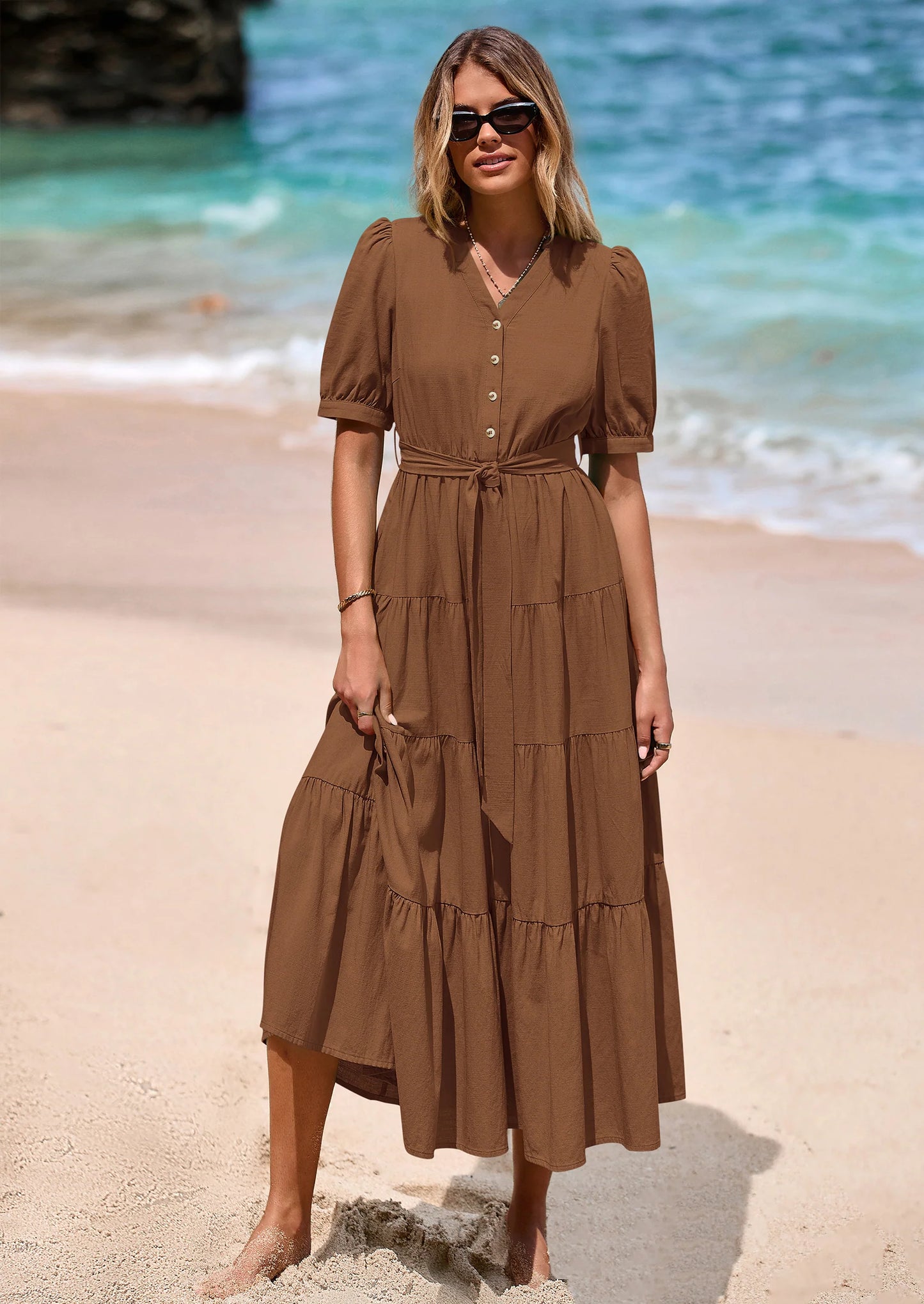 Women's Midi Dress Casual Short Sleeve V Neck Buttons Belted Ruffle A Line Flowy Dress with Pockets