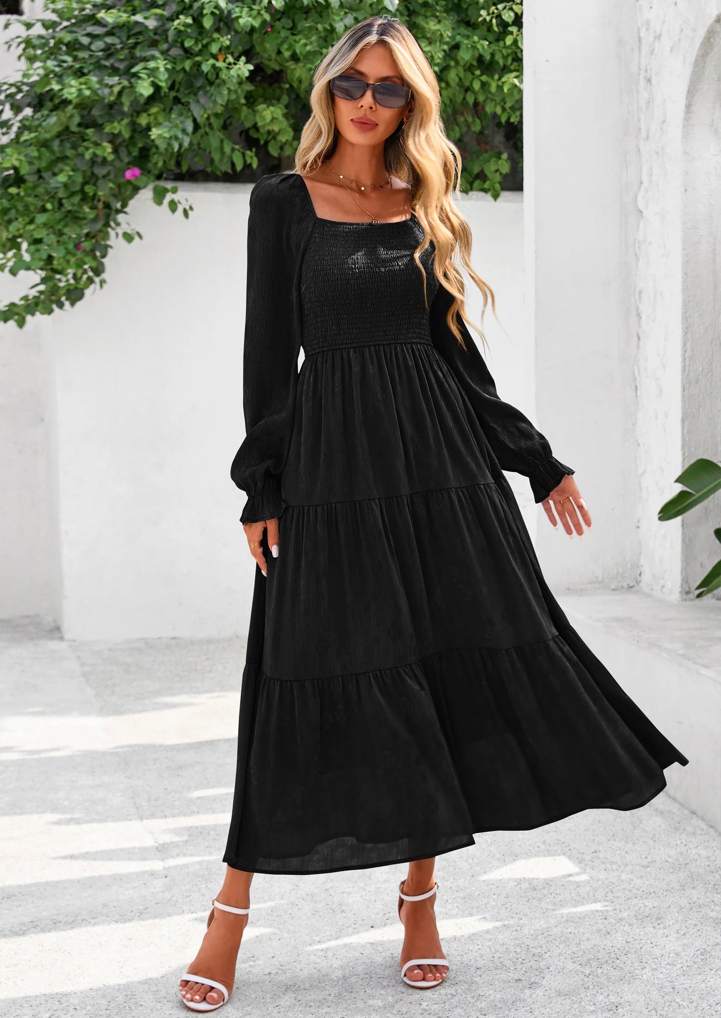 Fall Wedding Guest Dresses for Women Floral Long Sleeve Smocked Tiered Elegant Long Flowy Boho Dress