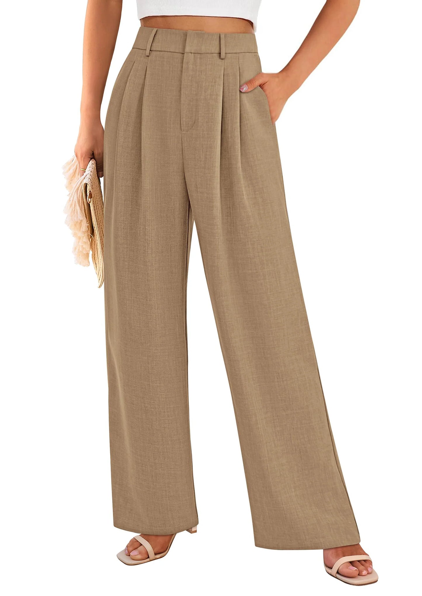 Women's Summer Elastic High Waisted Work Pants Straight Leg Dressy Business Casual Trousers Slacks Pockets