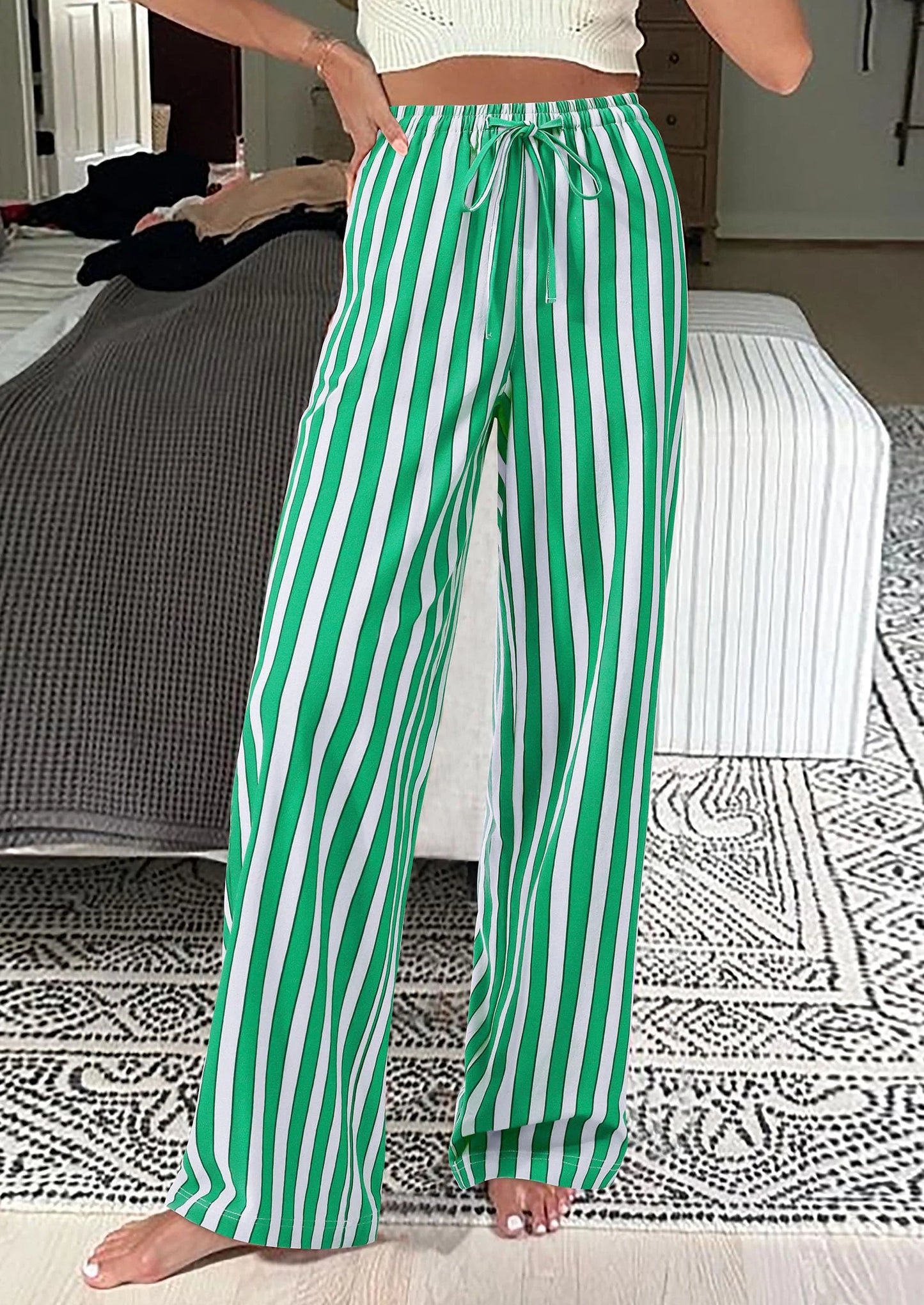 Women's Summer Striped Wide Leg Lounge Pants Trendy Clothes Drawstring Elastic Waist Comfy Pajama Bottoms