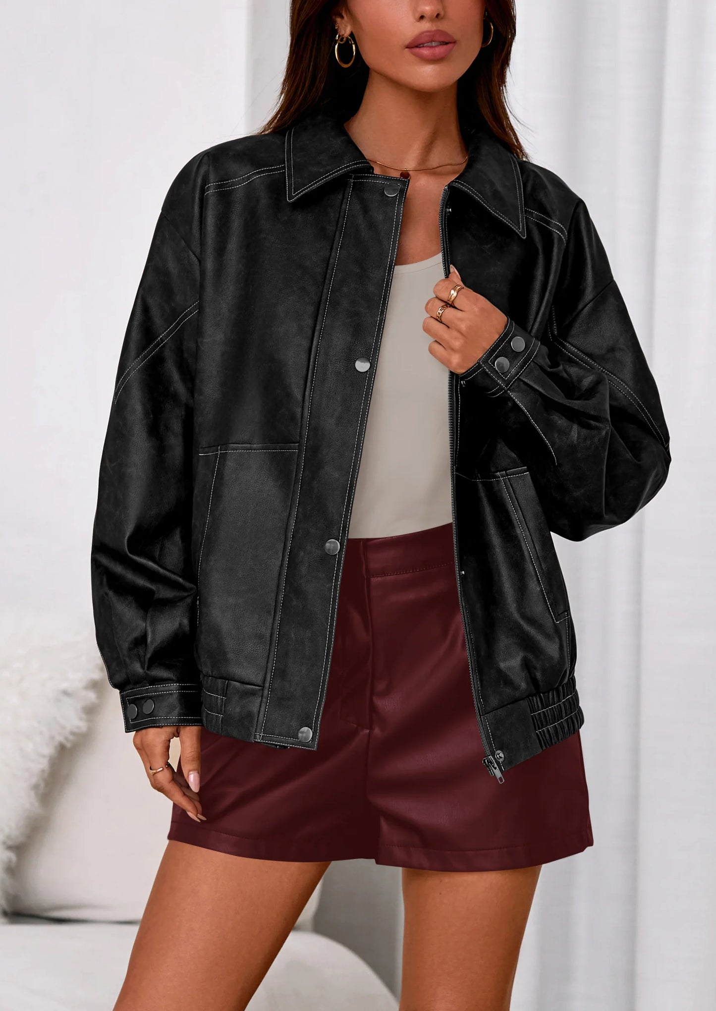 Faux Leather Jacket Women Bomber Motorcycle Zip Up Jackets Oversized Fall Fashion Outfits Winter Coats