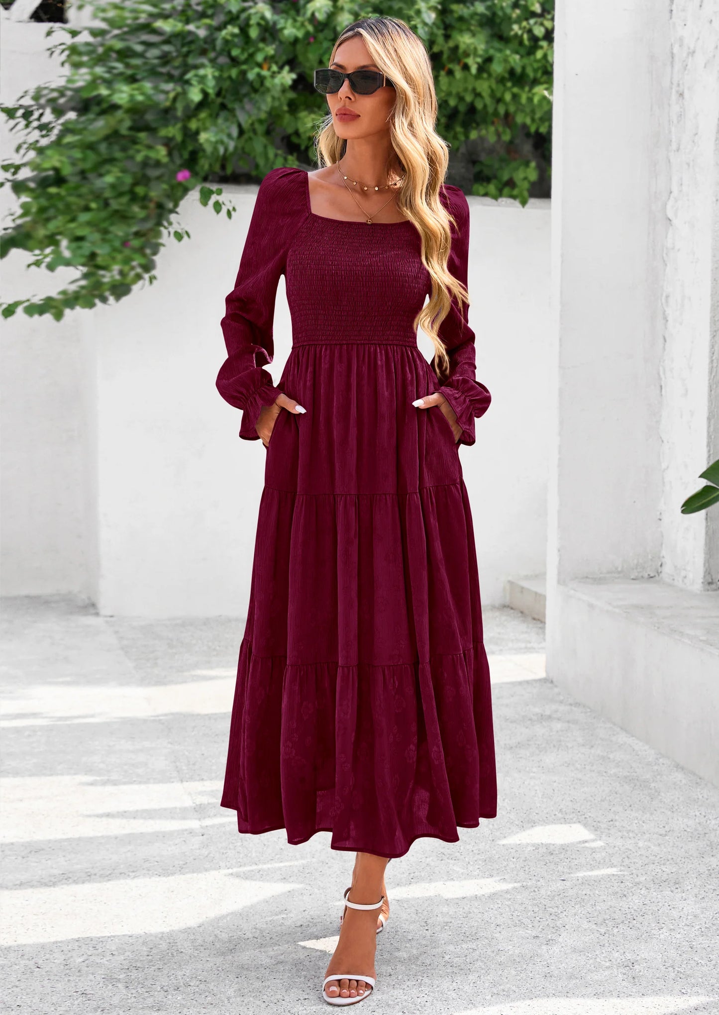 Fall Wedding Guest Dresses for Women Floral Long Sleeve Smocked Tiered Elegant Long Flowy Boho Dress