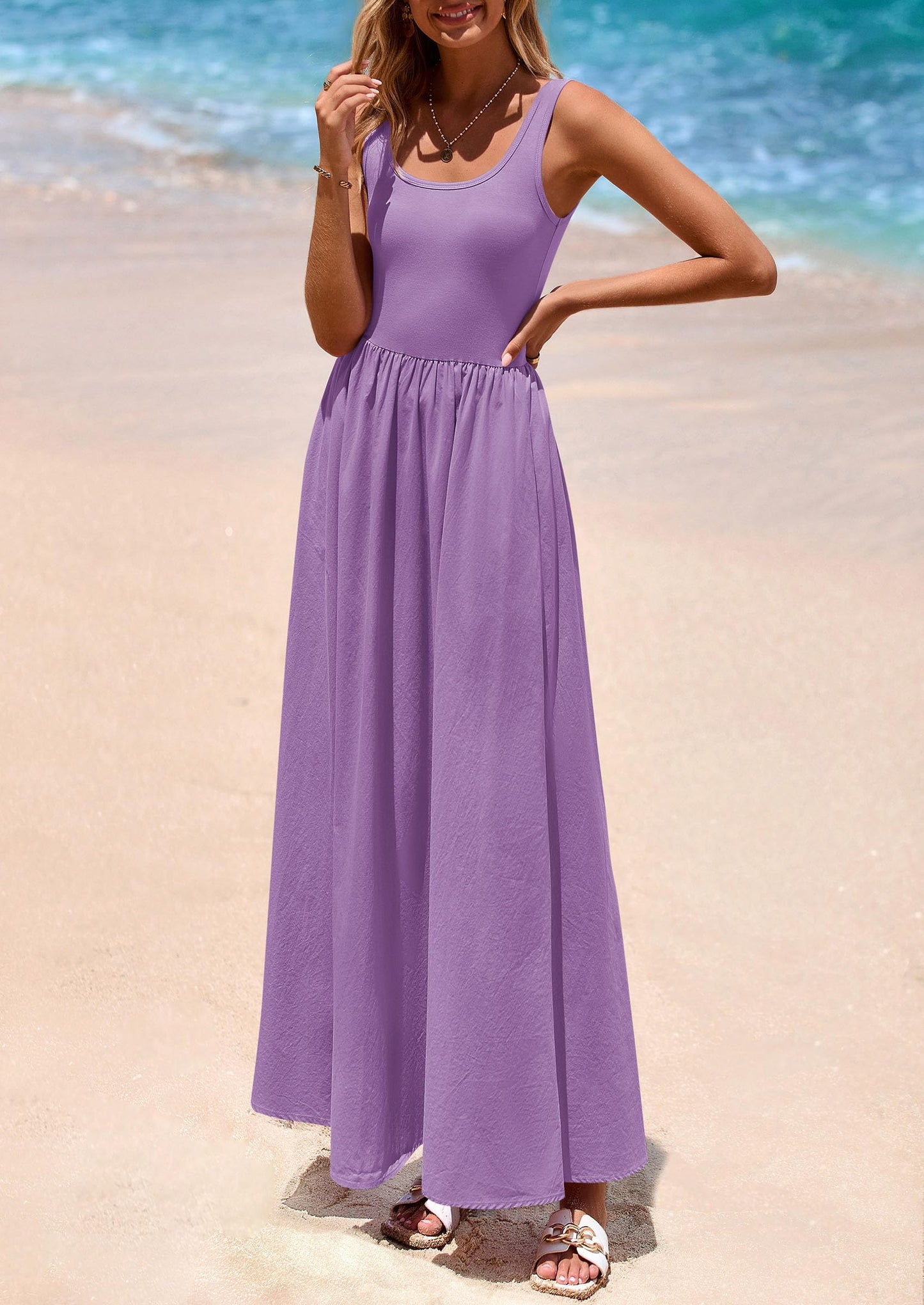 Womens Summer Casual Scoop Neck Sleeveless Long Dresses Tank Top Patchwork Aline Swing Maxi Dress with Pockets