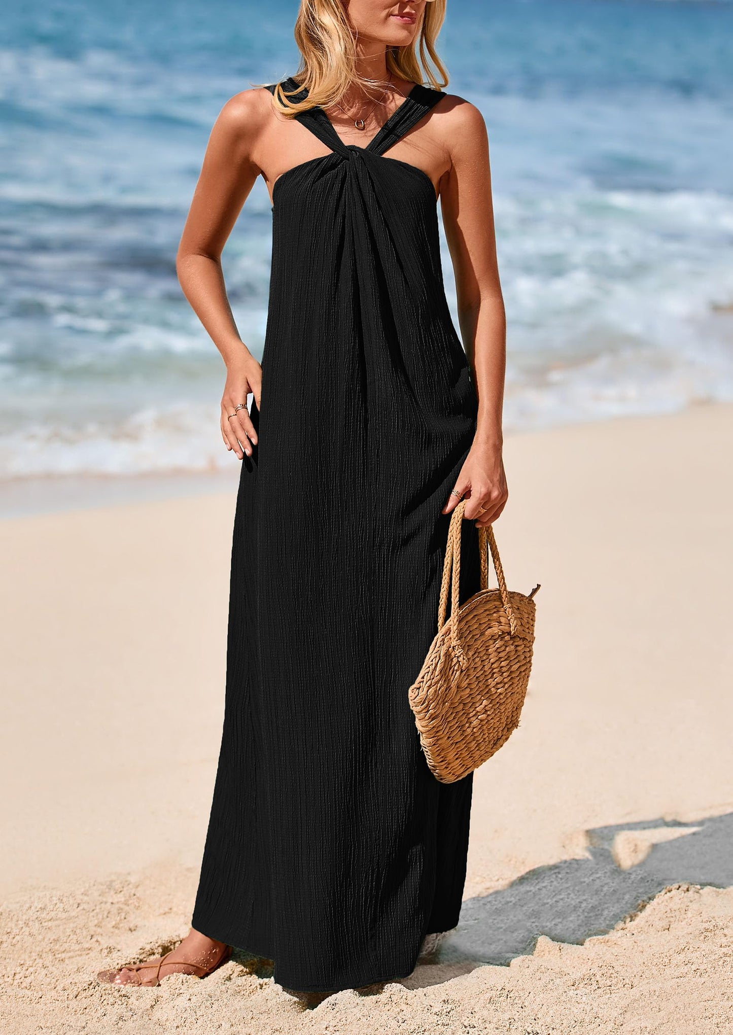 Womens Casual Long Summer Dresses Sleeveless Strappy Loose Flowy Beach Vacation Maxi Dress with Pockets