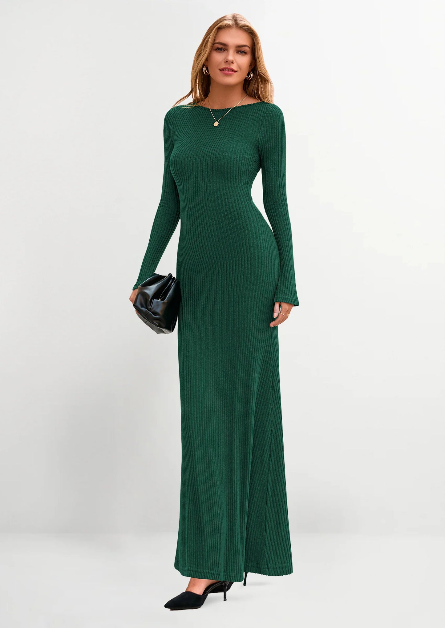 Women's Fall Fashion Long Sleeve Maxi Dress Ribbed Knit Boat Neck Bodycon Casual Dresses Going Out Outfits