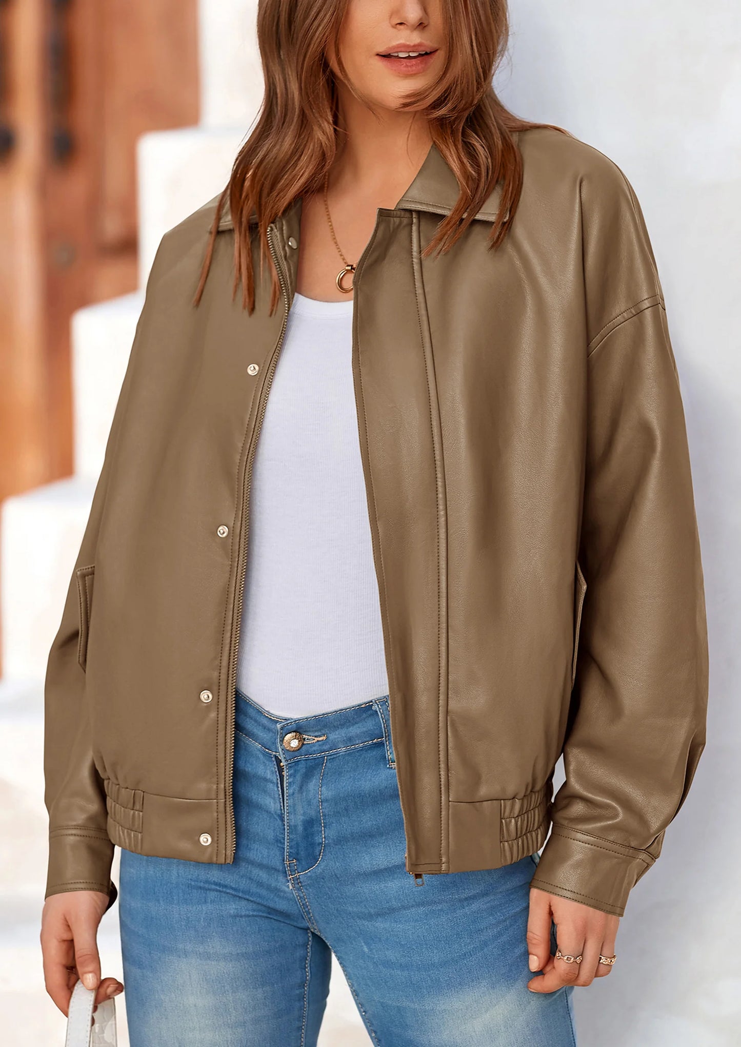 Women's Faux Leather Motorcycle Jacket Trendy Fall Spring Clothes Oversized Zip Up Winter Coat Outerwear