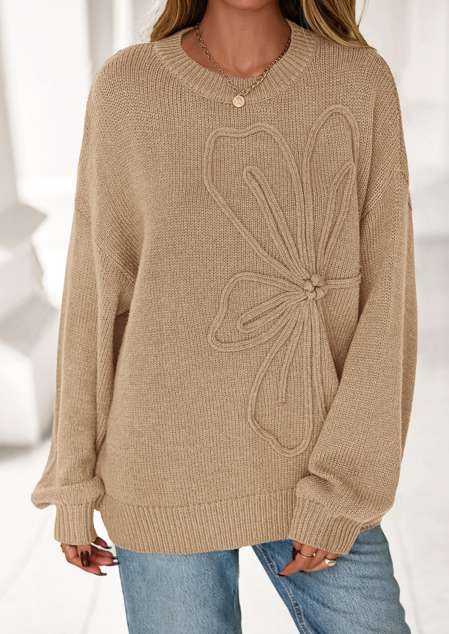 Womens Sweaters Fall Fashion Long Sleeve Crewneck Floral Knit Pullover Sweater Tops Winter Clothes