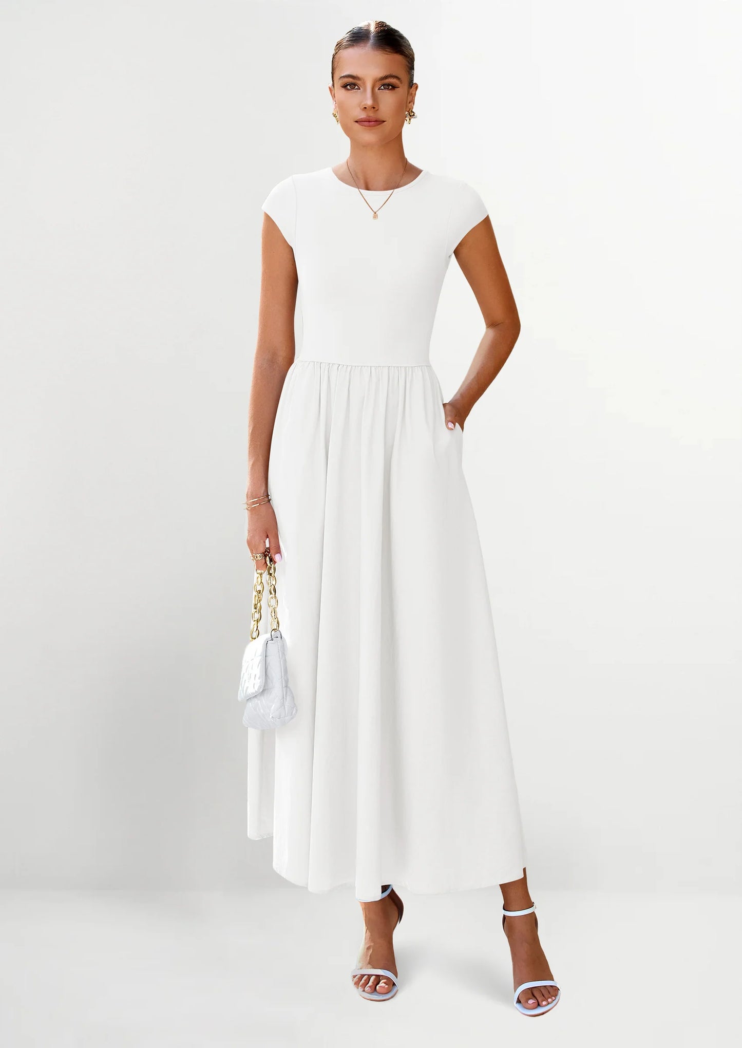 Women's Casual Long Dresses Cap Sleeve Patchwork A Line Flowy Modest Elegant Homecoming Maxi Dress