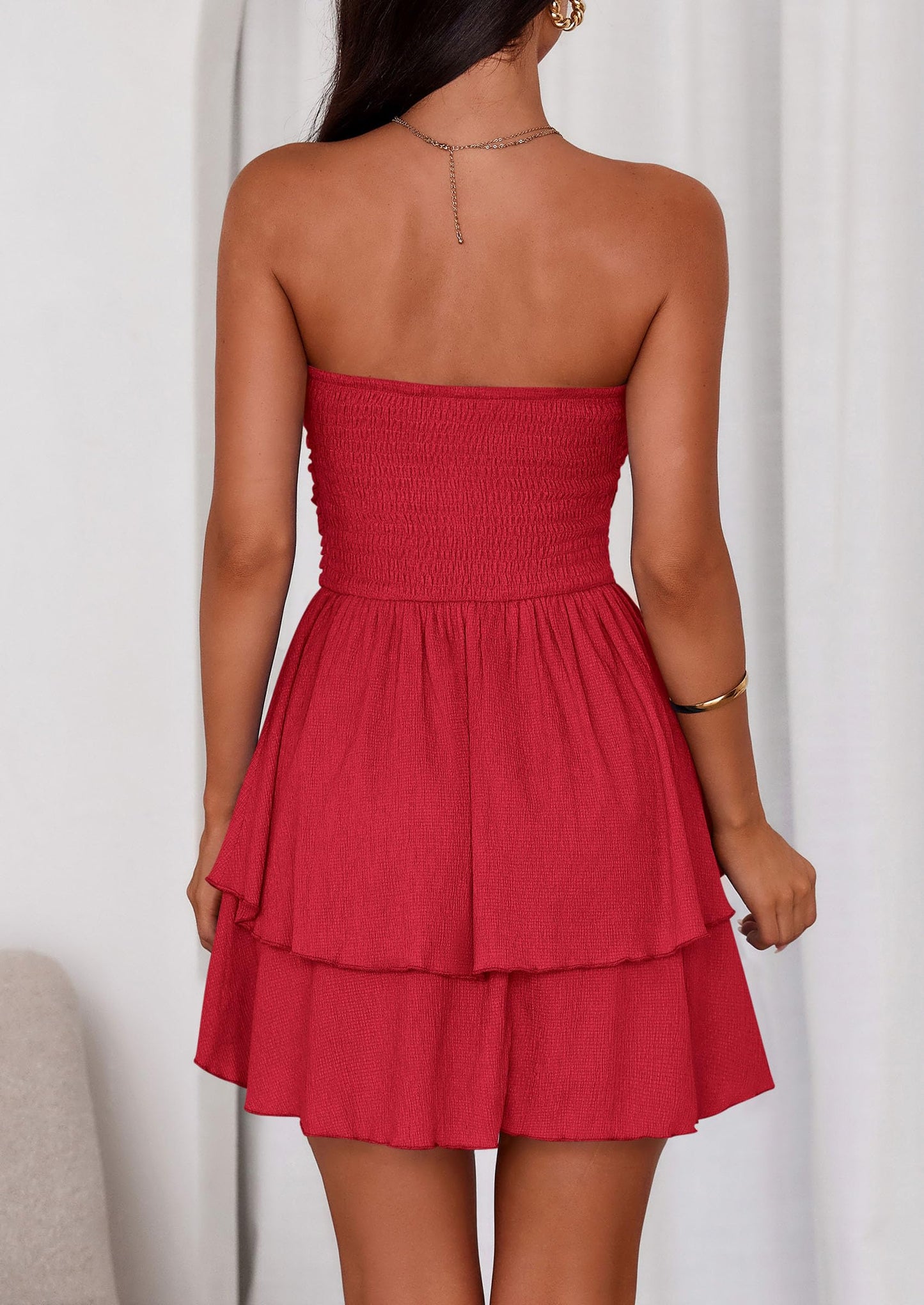 Women's Summer Strapless Tube Mini Dress Off Shoulder Smocked Ruffle A Line Flowy Short Party Club Dresses