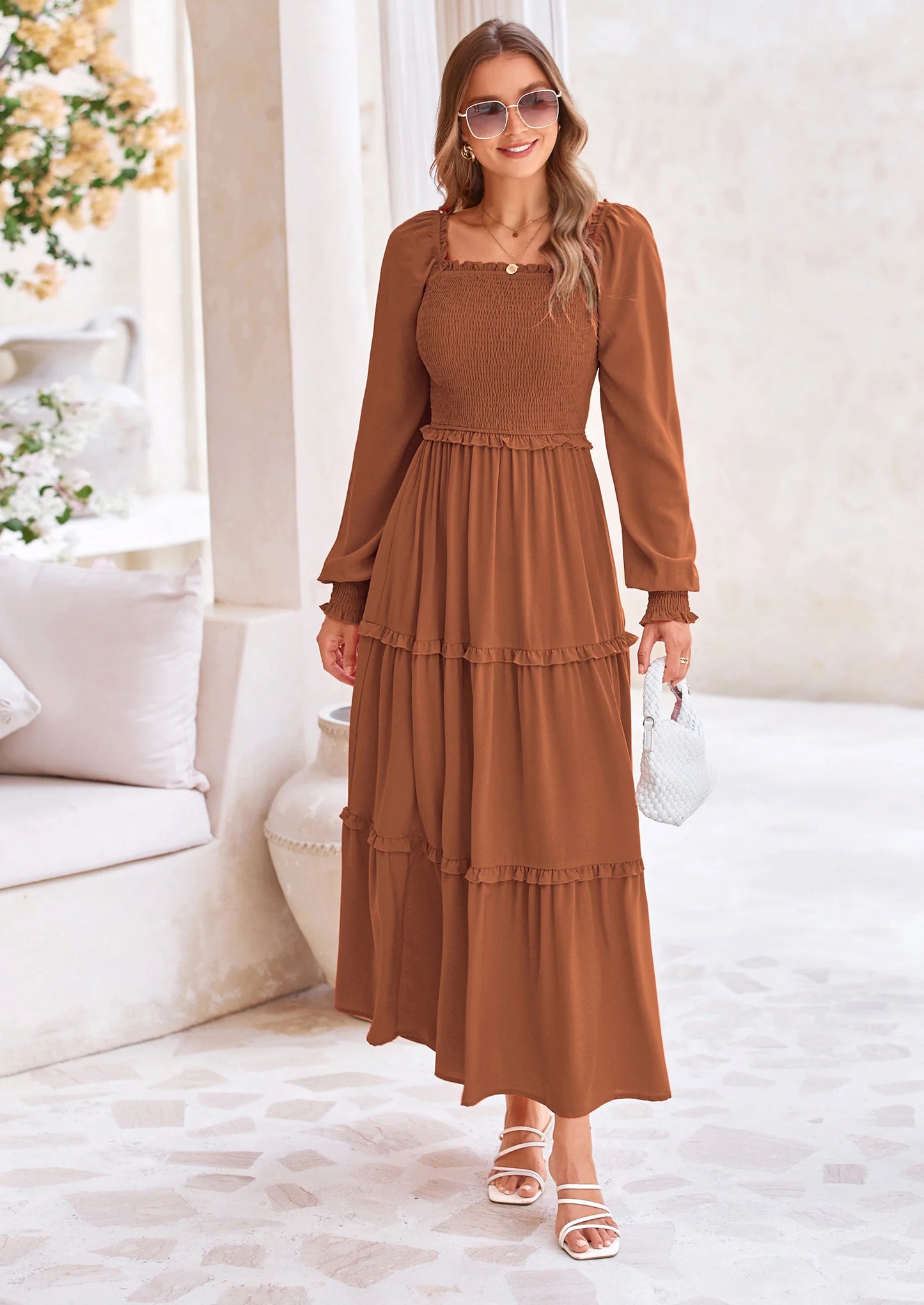 Fall Wedding Guest Dresses for Women Long Sleeve Square Neck Tiered A Line Modest Elegant Flowy Dresses