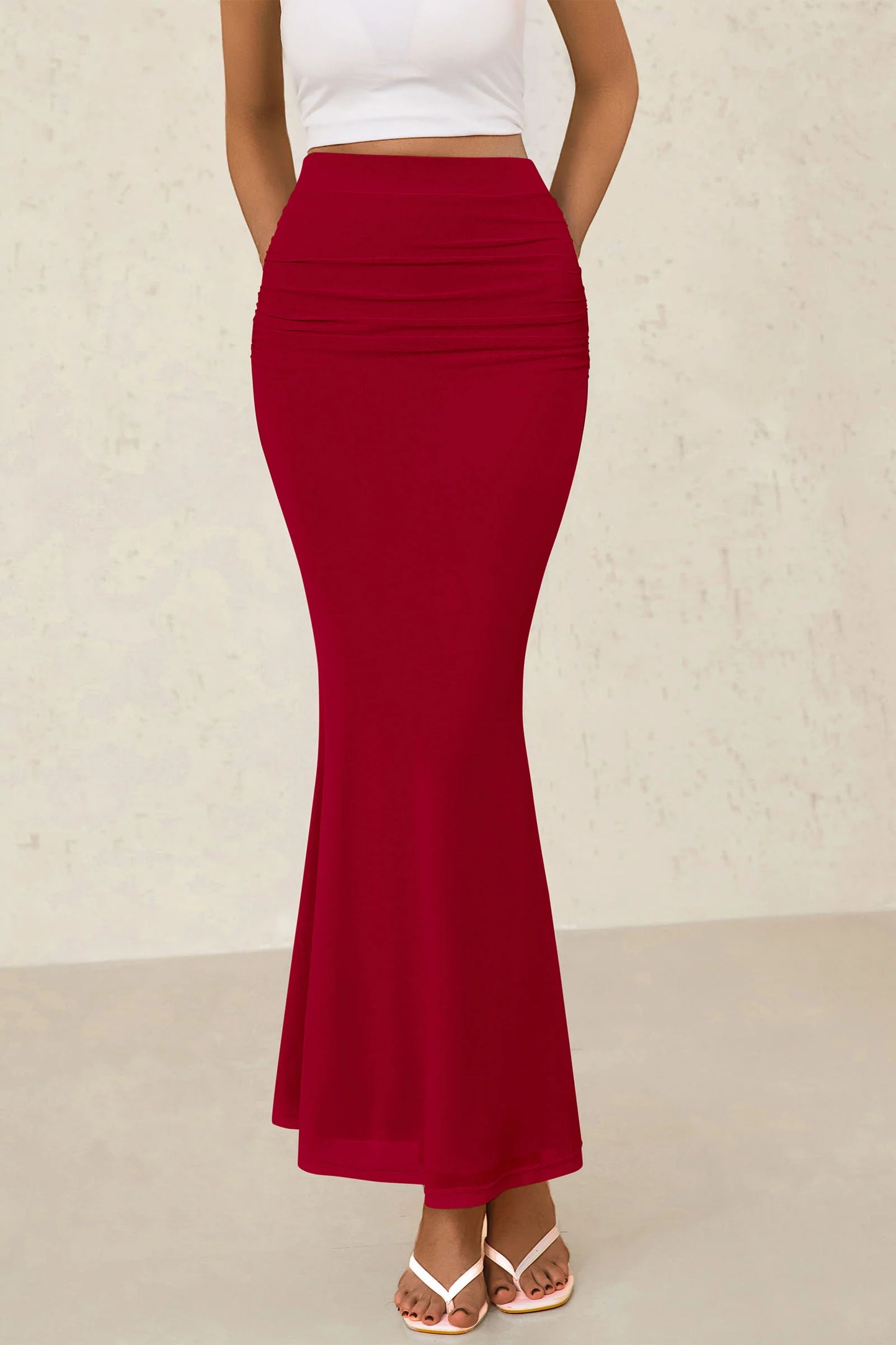 Mermaid Bodycon Trendy Casual High Waisted Ruffle Ruched Long Mesh Skirts