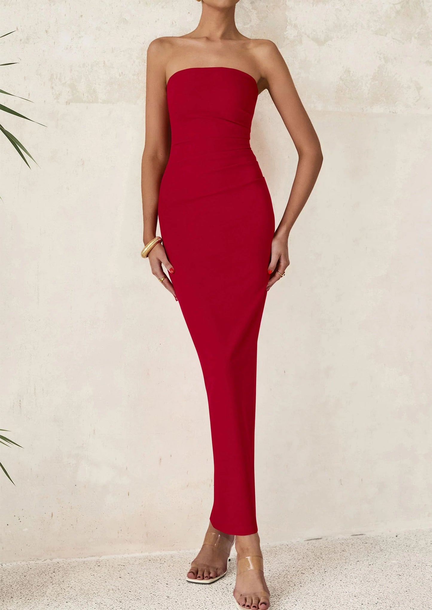 Women's Semi Formal Cocktail Dresses Strapless Tube Bodycon Ruched Evening Wedding Guest Maxi Dress