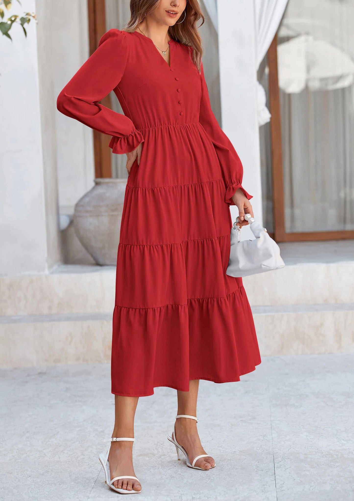 Women Fall Long Sleeve Smocked Maxi Dress Casual Square Neck Swiss Dot Tiered Ruffle Flowy Spring Pocket Dresses